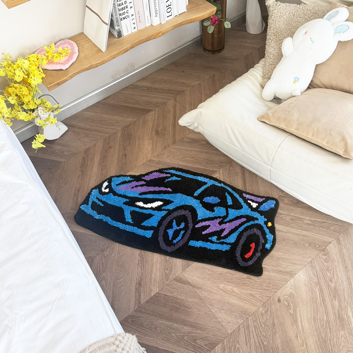 Cartoon Sports Car Tufted Rug, Vibrant Orange & Yellow Gradient Plush Floor Mat, Anti-Slip Irregular Shaped Carpet for Car Enthusiasts, Gaming Room & Bedroom Decor