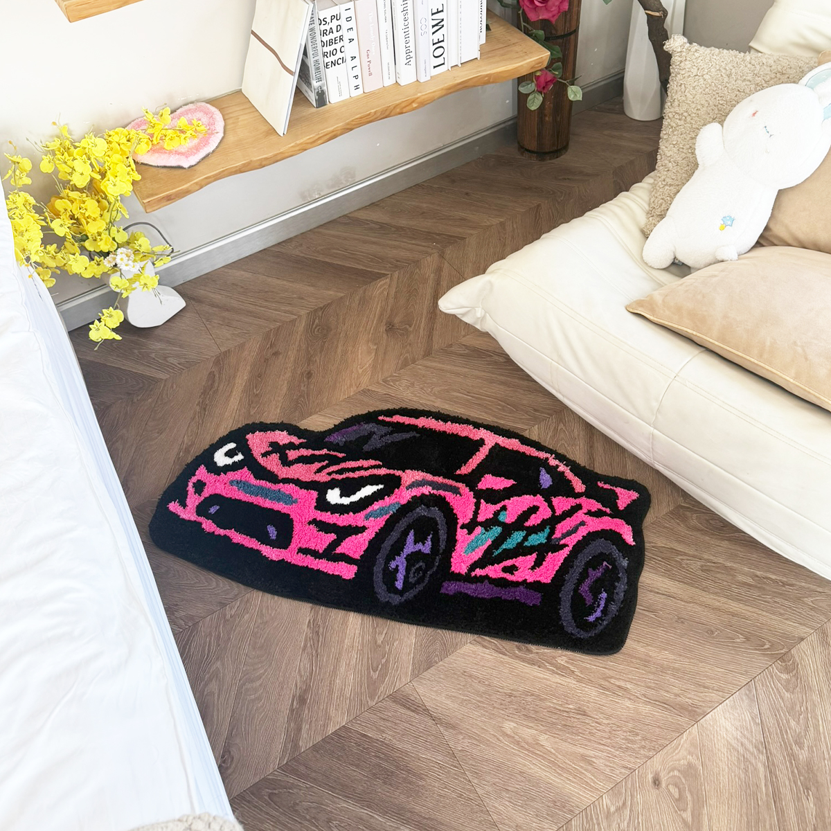 Cartoon Sports Car Tufted Rug, Vibrant Orange & Yellow Gradient Plush Floor Mat, Anti-Slip Irregular Shaped Carpet for Car Enthusiasts, Gaming Room & Bedroom Decor