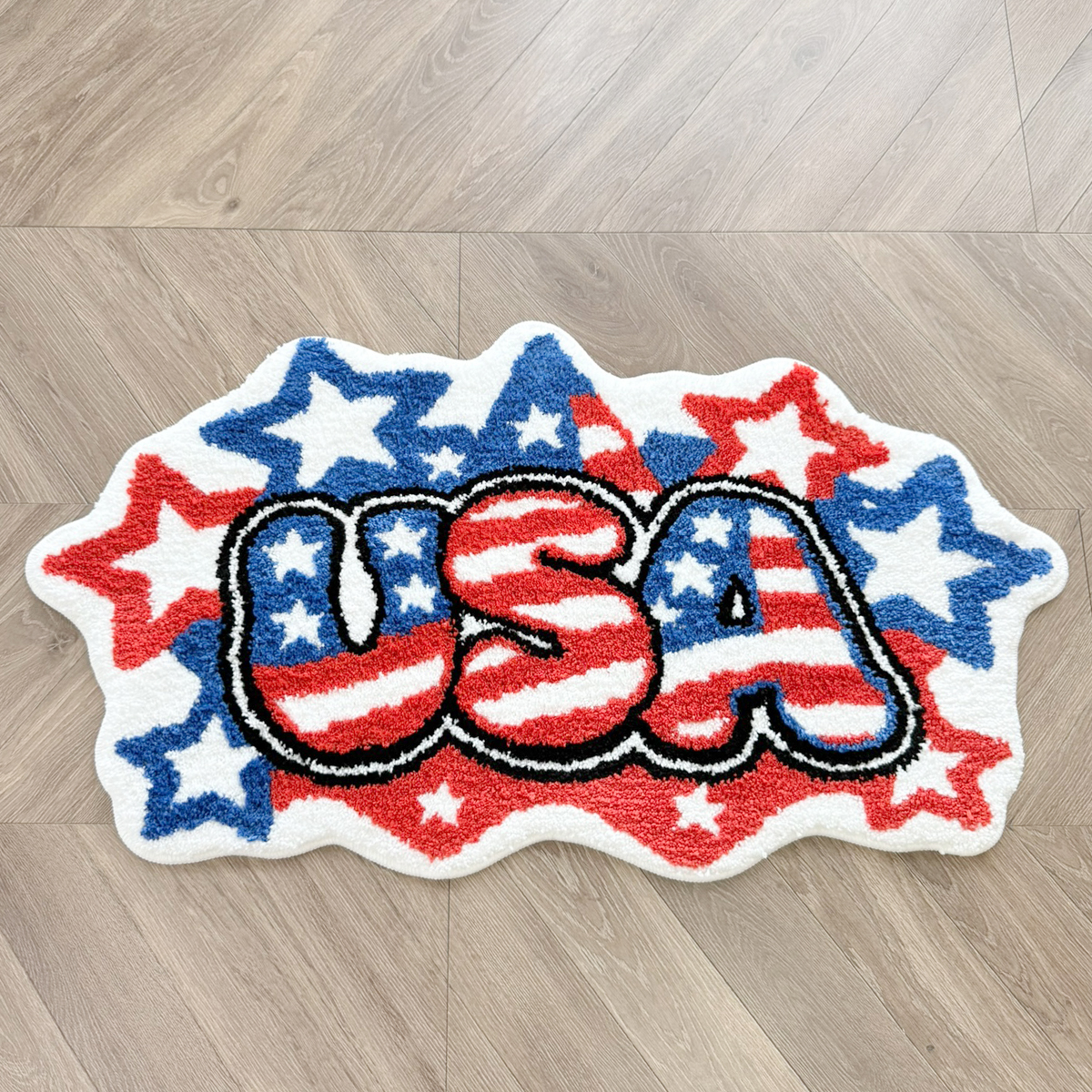 USA Letter American Flag Tufted Rug, Retro Stars Stripes Irregular Shaped Fluffy Floor Mat, Non Slip Absorbent Doormat for Bedroom Bathroom Home Decor