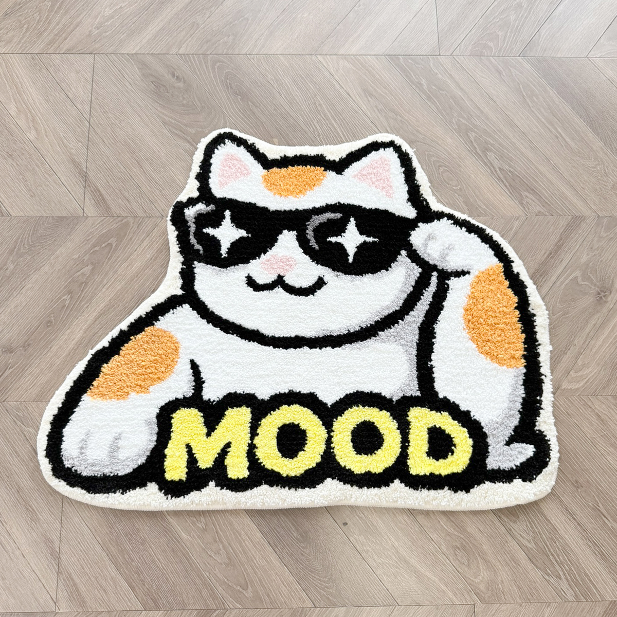 Cool Cat With Star Sunglasses Tufted Rug, Cute MOOD Letter Kitten Shaped Fluffy Floor Mat, Non Slip Absorbent Doormat for Bedroom Bathroom Home Decor