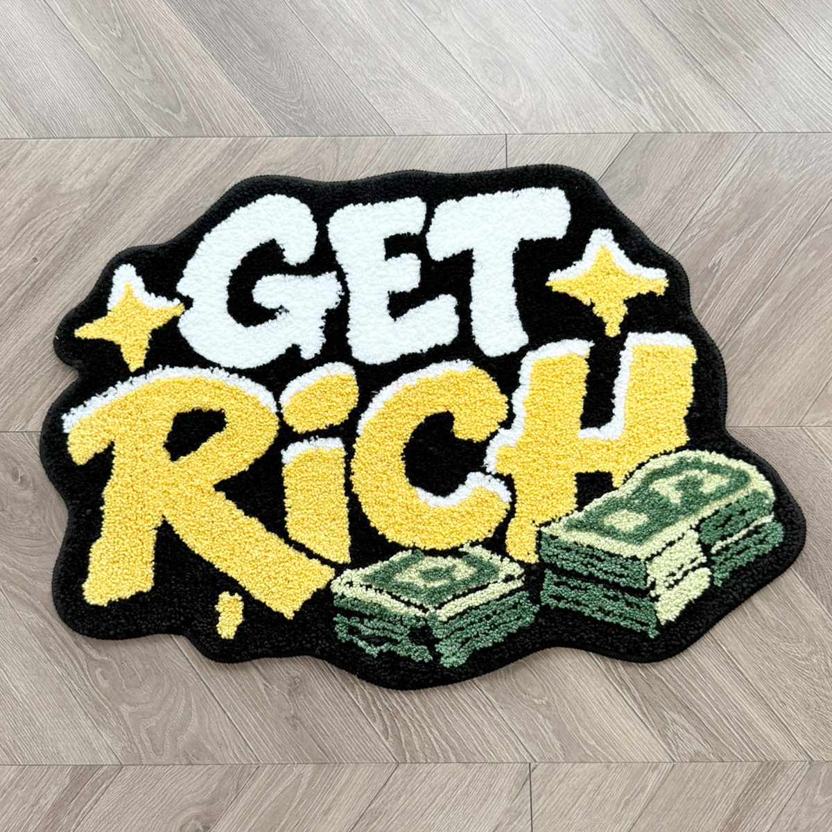 GET RICH Money Design Tufted Rug, Dollar Cash Stack Irregular Shaped Fluffy Floor Mat, Non Slip Absorbent Doormat for Bedroom Entryway Home Decor