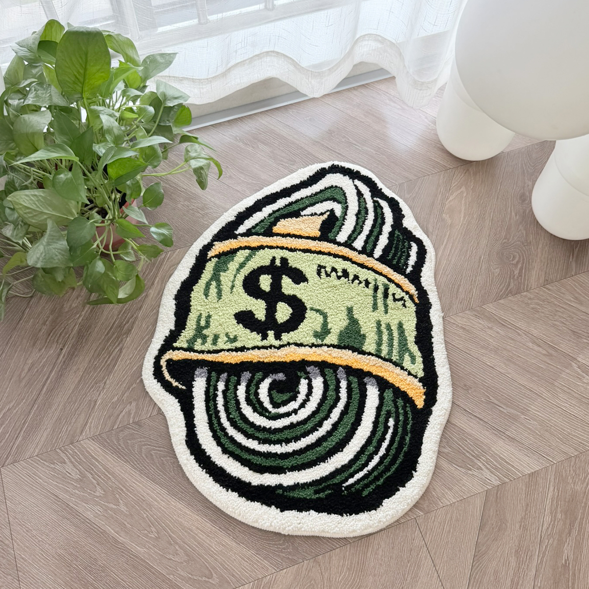 Rolled Dollar Bill Tufted Rug, Spiral Money Sign Irregular Shaped Fluffy Floor Mat, Non Slip Absorbent Doormat for Bedroom Entryway Home Decor