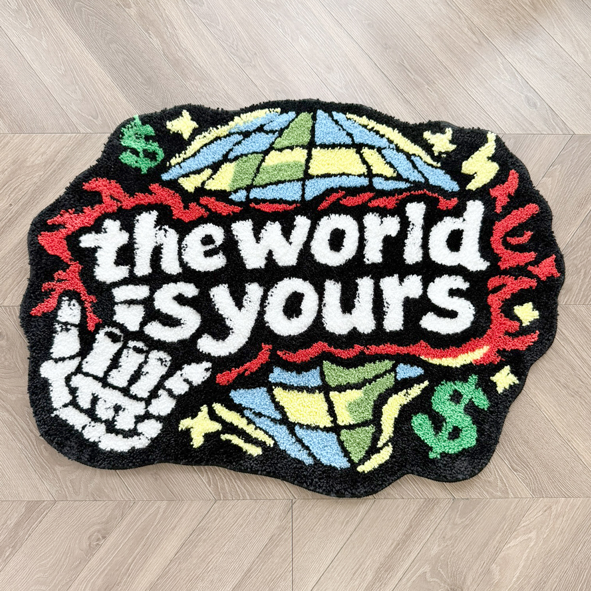 The World Is Yours Tufted Rug, Skull Hand & Globe Dollar Sign Irregular Fluffy Floor Mat, Non Slip Absorbent Doormat for Bedroom Entryway Home Decor