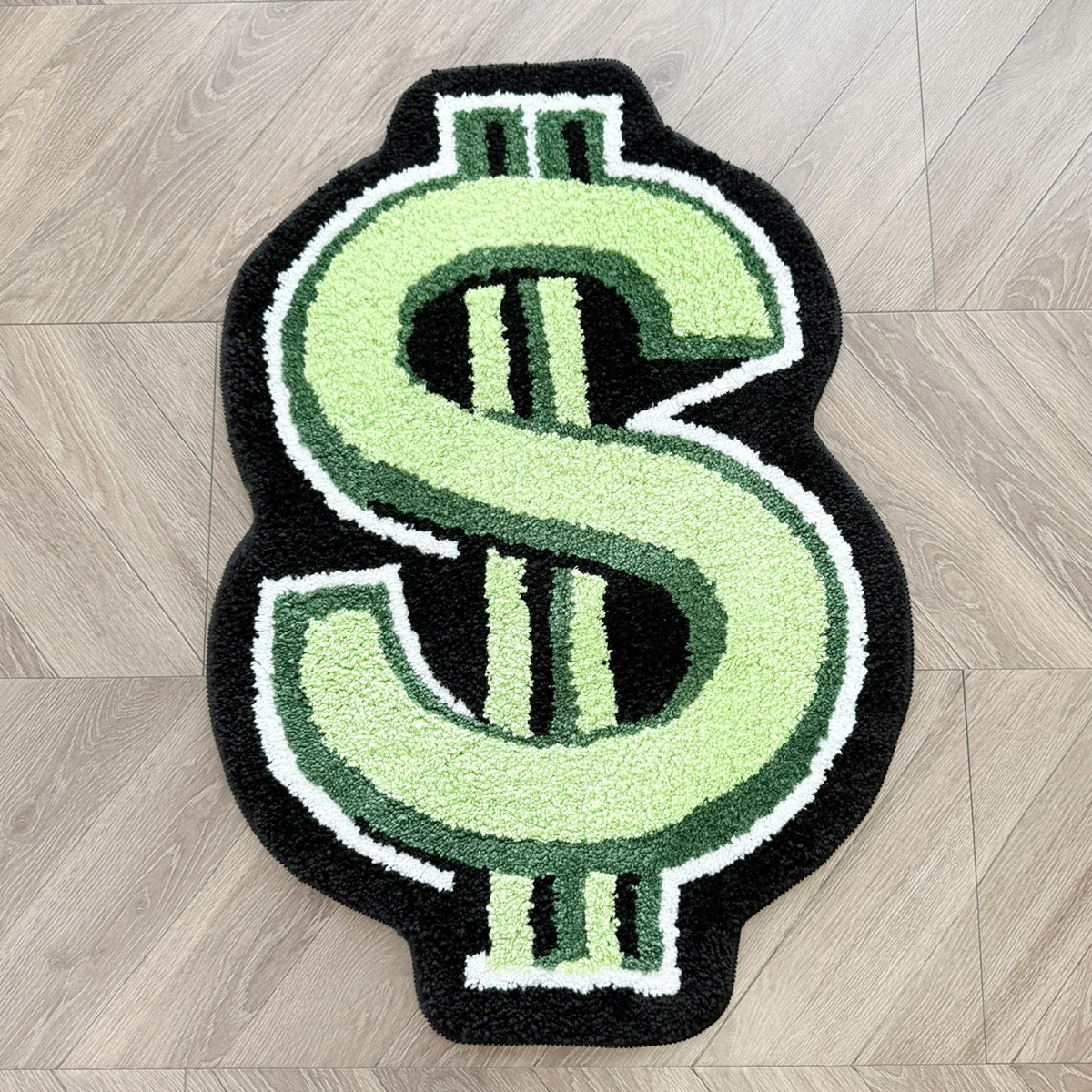 Dollar Sign Shaped Tufted Rug, Green Black Irregular Money Symbol Fluffy Floor Mat, Non Slip Absorbent Doormat for Bedroom Entryway Home Decor