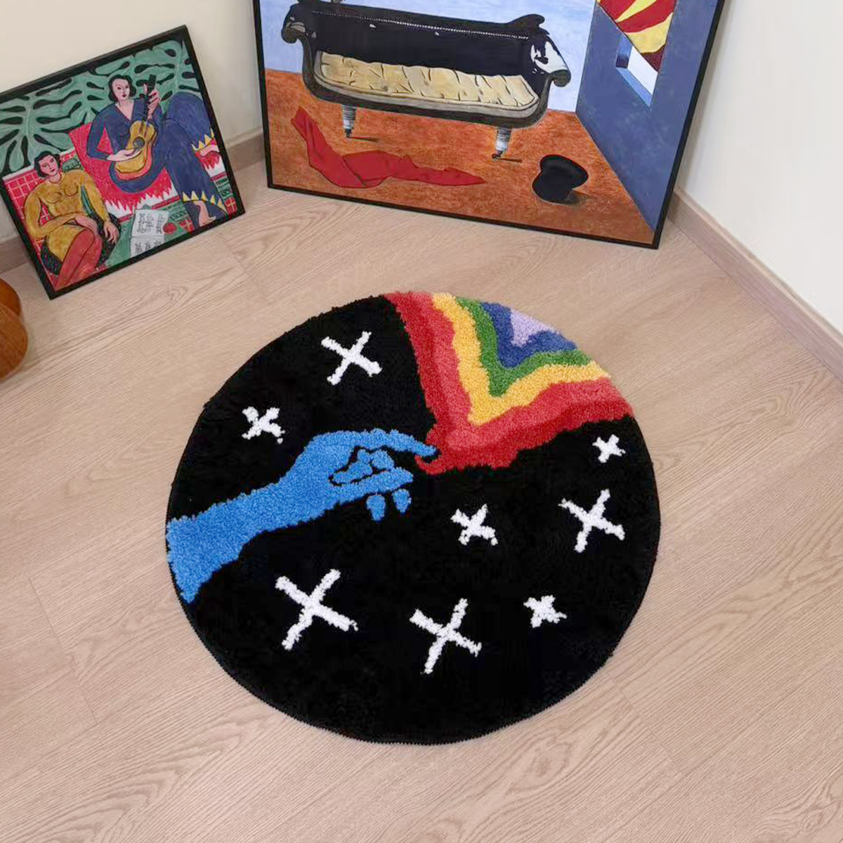 Dreamy Rainbow Star Tufted Rug Finger Small Carpet Flocking Rug Soft Textured Portable Floor Mat for Gifts Antislip Bedside Rug