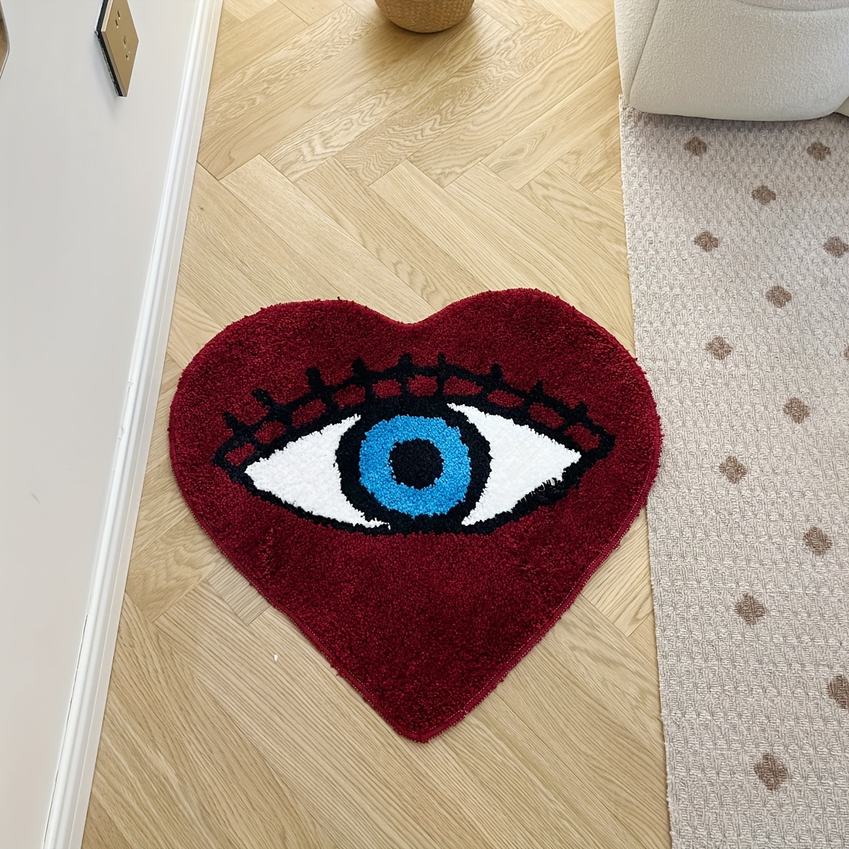 Heart Shape Eye Pattern Fluffy Rug, Burgundy & Blue Mystical Aesthetic Plush Carpet, Non-Slip Washable Doormat for Bedroom/Entryway, Creative Bold Home Decor Mat with Soft Texture, Trendy Occult-Style Floor Accent