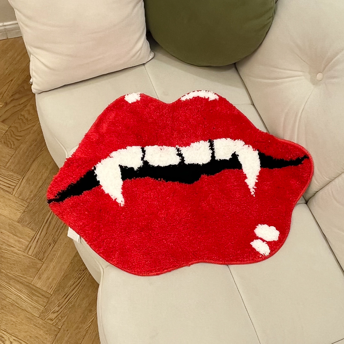 Vampire Red Lips Shape Rug - Edgy Fluffy Floor Mat for Bedroom Living Room, Gothic Novelty Home Decor Carpet, Anti-Slip Door Mat