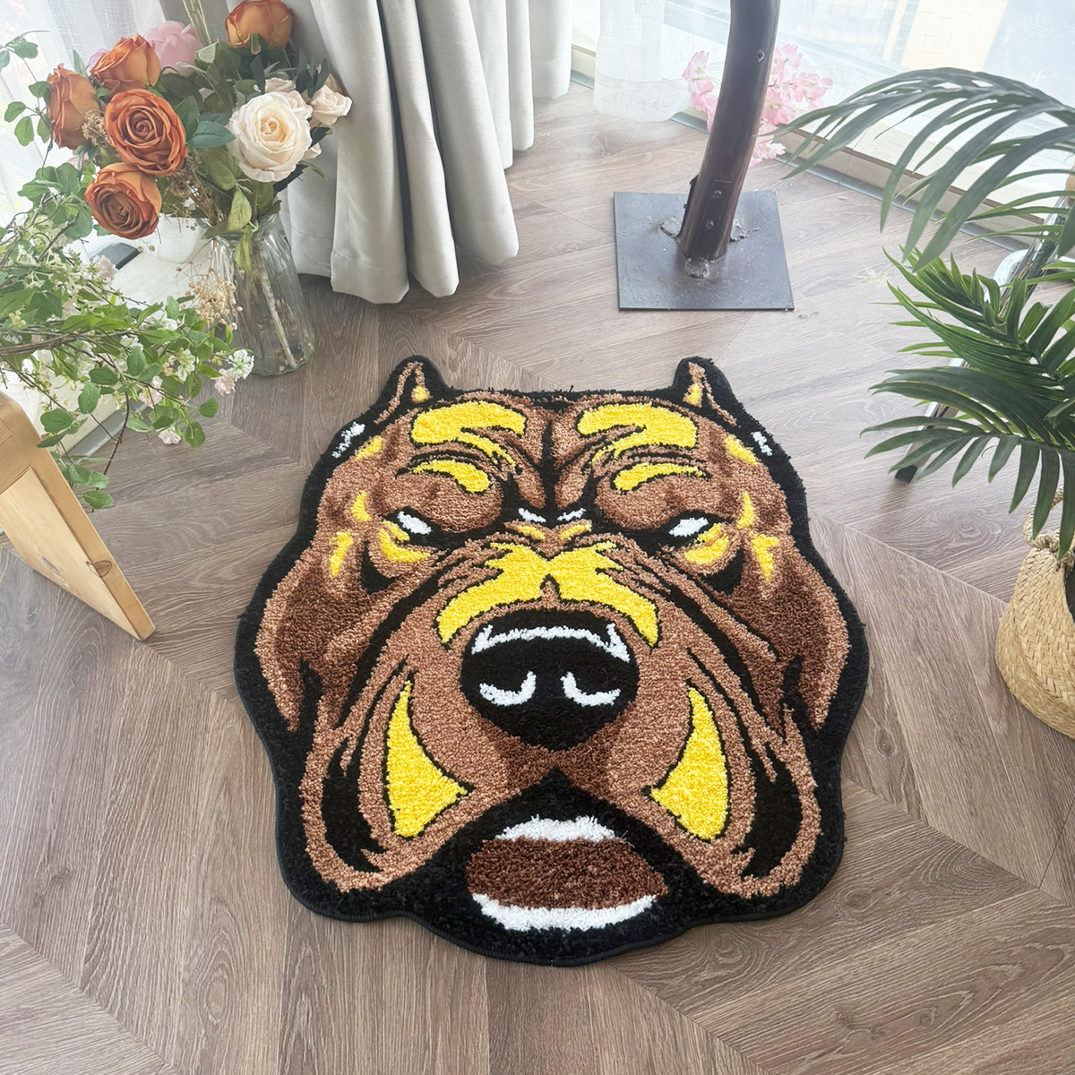 Vibrant Pitbull Head Tufted Rug - Soft Plush Anti-Slip Floor Mat for Pet Lovers, Bedroom & Living Room Decor, Unique Street Style Carpet