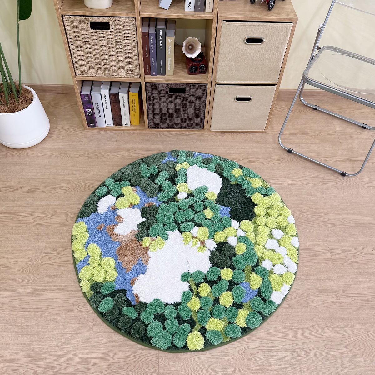 European Earth Moss 3D Flocking Rug Round Bedside Rug INS Entrance Anti-Slip Water-Absorbent Floor Mat for Bedroom & Home Decor