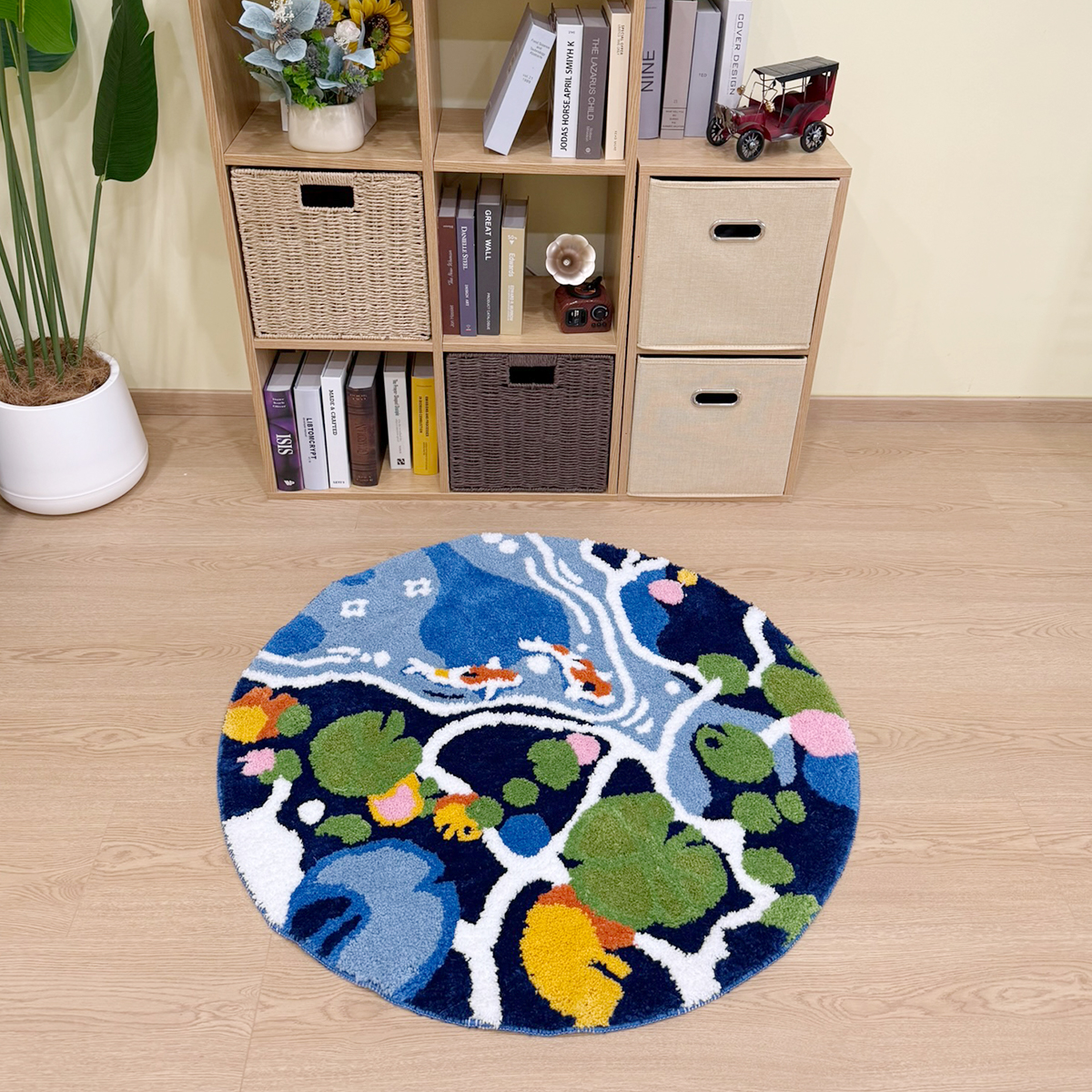 Coloful Lotus Pond Round Handmade Tufted Rug for Living Room Psychedelic Bedroom Retro Carpet Plush Circle Abstract Art Area Rug