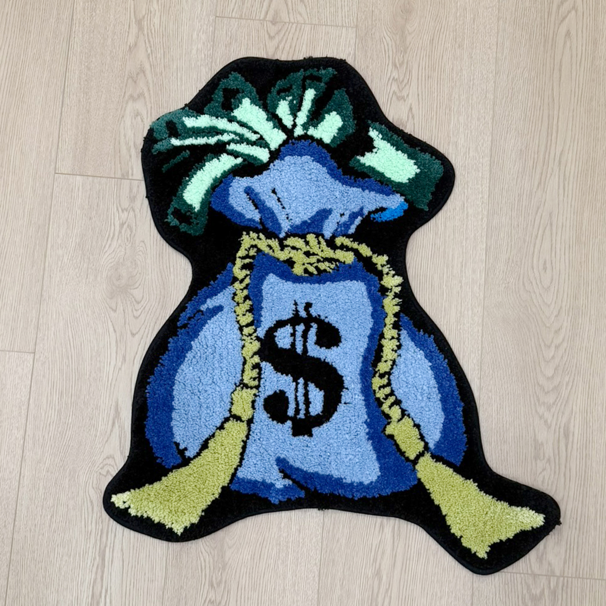 Blue Money Bag Shaped Tufted Rug, Blue Dollar Sign Plush Carpet with Cash Detail, Soft Non-Slip Irregular Floor Mat for Bedroom, Man Cave & Office, Fun Finance Themed Home Decor for Entrepreneurs