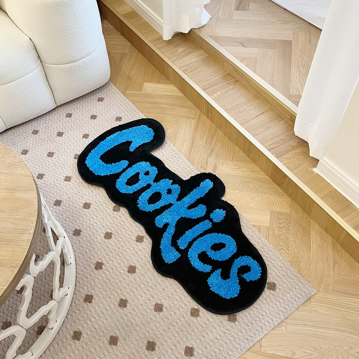 Fun "Cookies" 3D Tufted Shaped Rug - Blue & Black Soft Fluffy Floor Mat for Kitchen Bedroom Snack Bar, Cute Word Pattern Non-Slip Cozy Area Rug with Playful Letter Design Home Decor