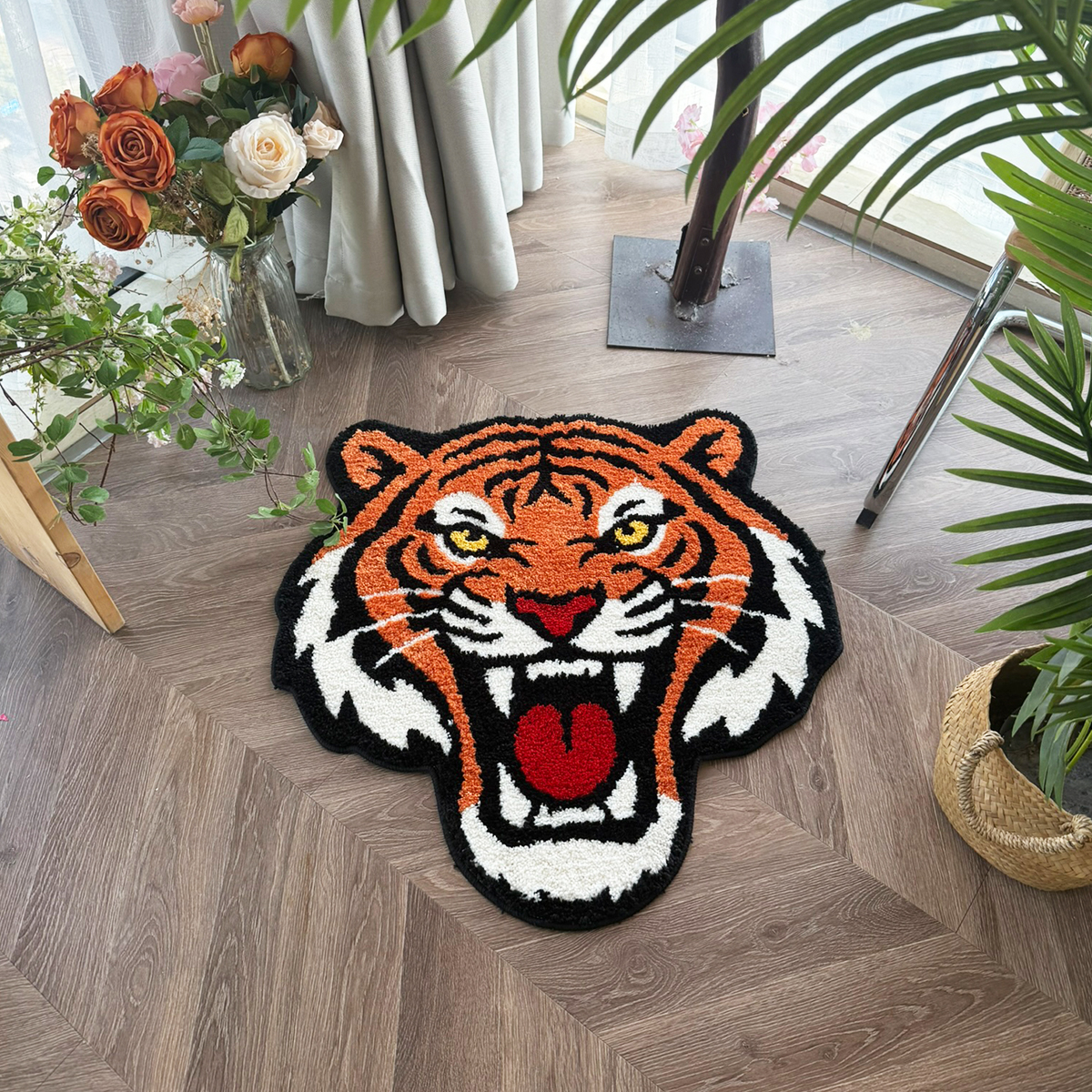 Fierce Tiger Head Tufted Rug - Vibrant Orange Anti-Slip Floor Mat for Bedroom & Living Room, Bold Animal Print Carpet