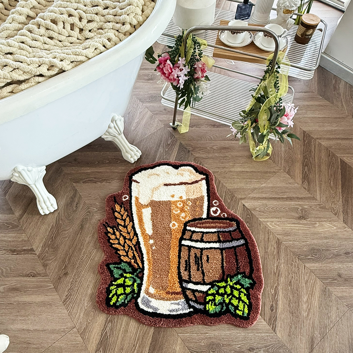Beer Mug & Barrel Tufted Rug - Vibrant Retro Style Anti-Slip Floor Mat for Home Bar, Kitchen & Man Cave Decor.