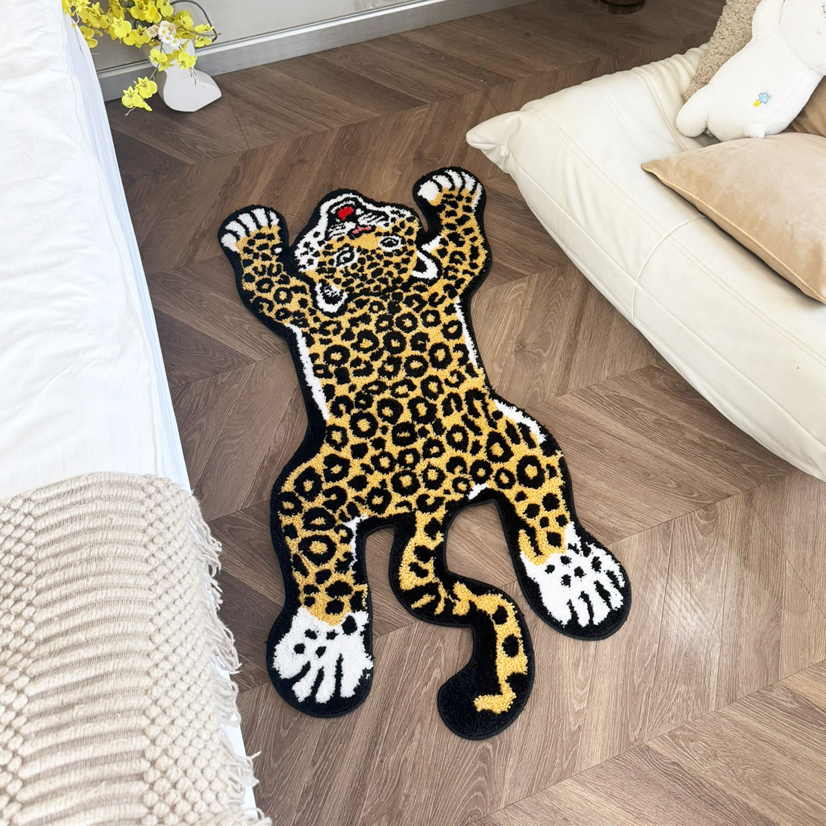 Yellow Leopard Print Tufted Rug | Soft Plush Animal Shaped Floor Mat | Whimsical Home Decor for Bathroom, Bedroom, Kids Room