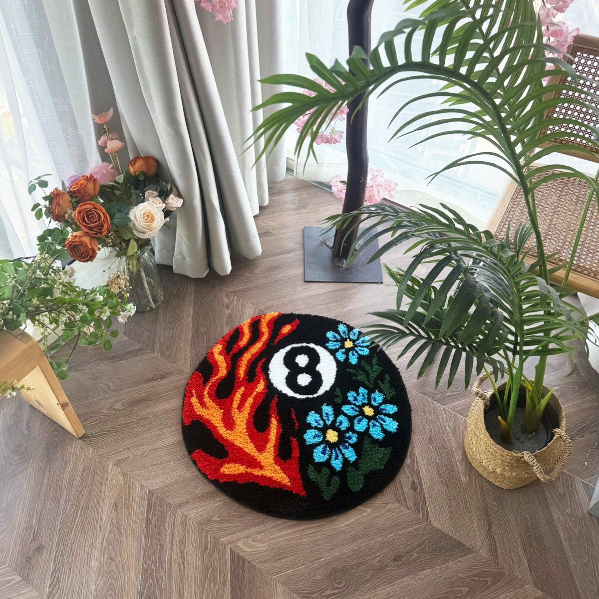 Vibrant 8 Ball Pattern Tufted Rug - Flame & Floral Design Plush Carpet, Perfect for Billiard Lovers & Trendy Spaces.