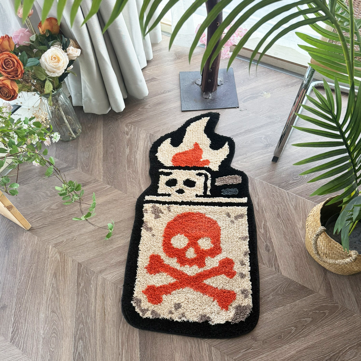Retro Skull Lighter Tufted Rug - Grunge Aesthetic Plush Carpet, Perfect for Street Style Home & Man Cave.