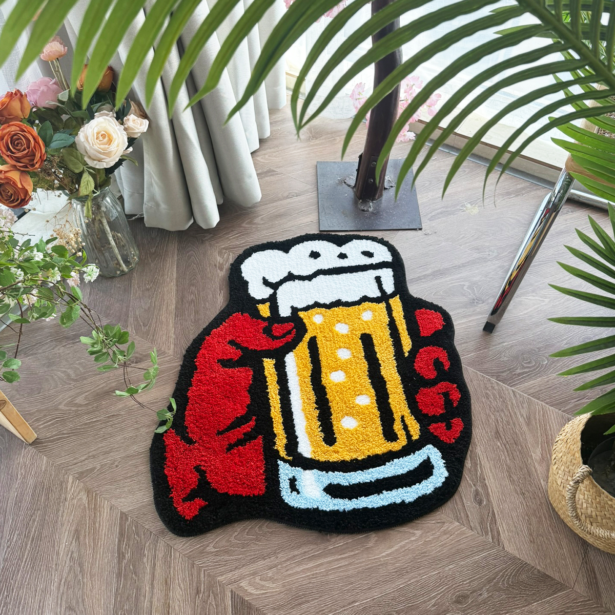 Beer Mug & Claw Tufted Rug - Vibrant Cartoon Style Anti-Slip Floor Mat for Home Bar & Kitchen Decor.
