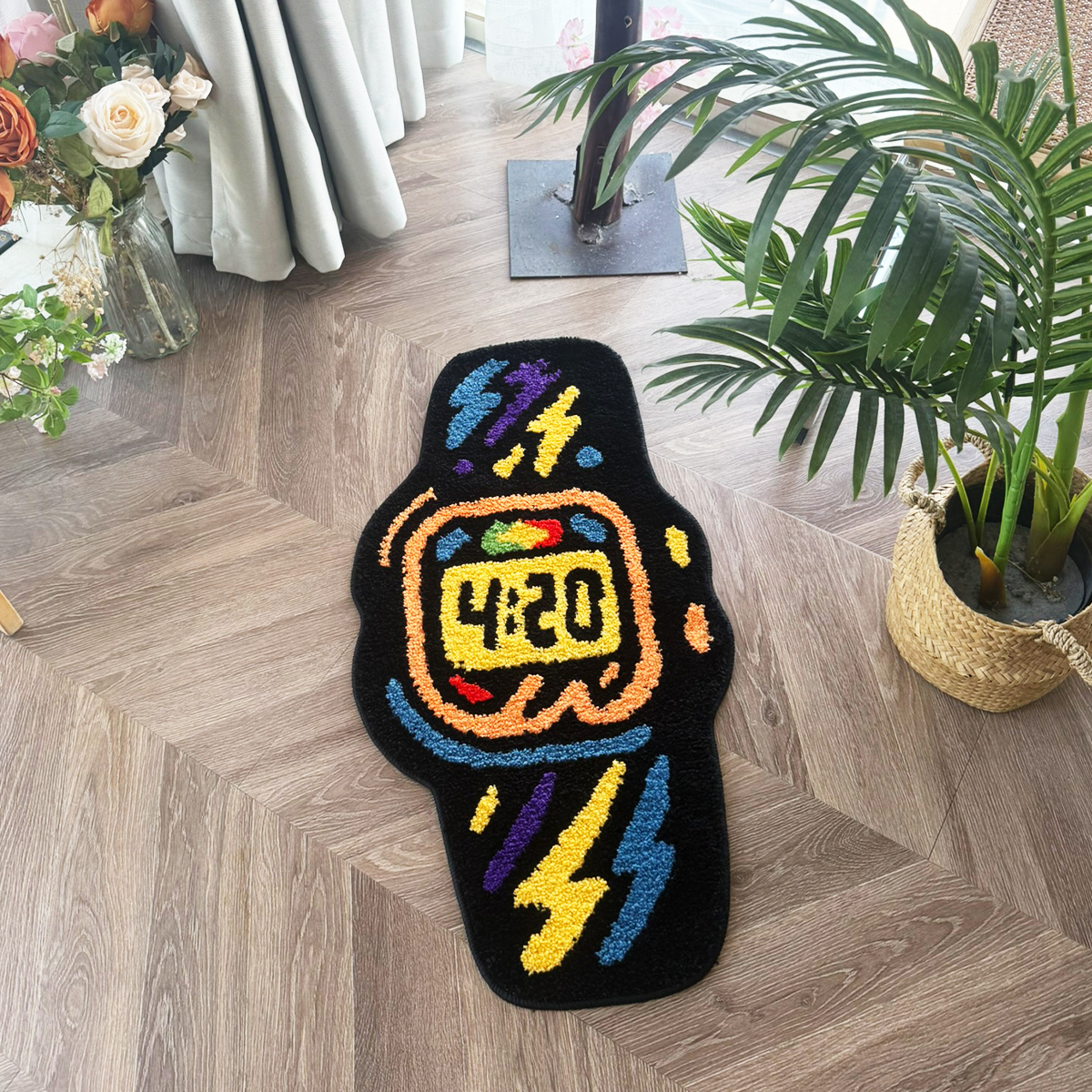 4:20 Graffiti Watch Tufted Rug - Colorful Lightning Pattern Anti-Slip Floor Mat for Street Style Home & Dorm.