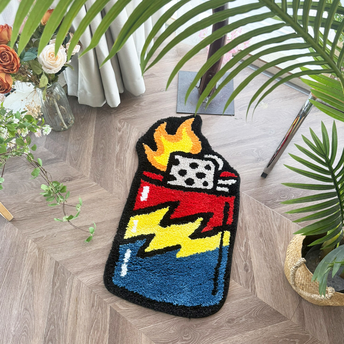 Funky Lightning Lighter Tufted Rug - Soft Anti-Slip Floor Mat, Bold Aesthetic Decor for Modern Bedroom & Living Room.