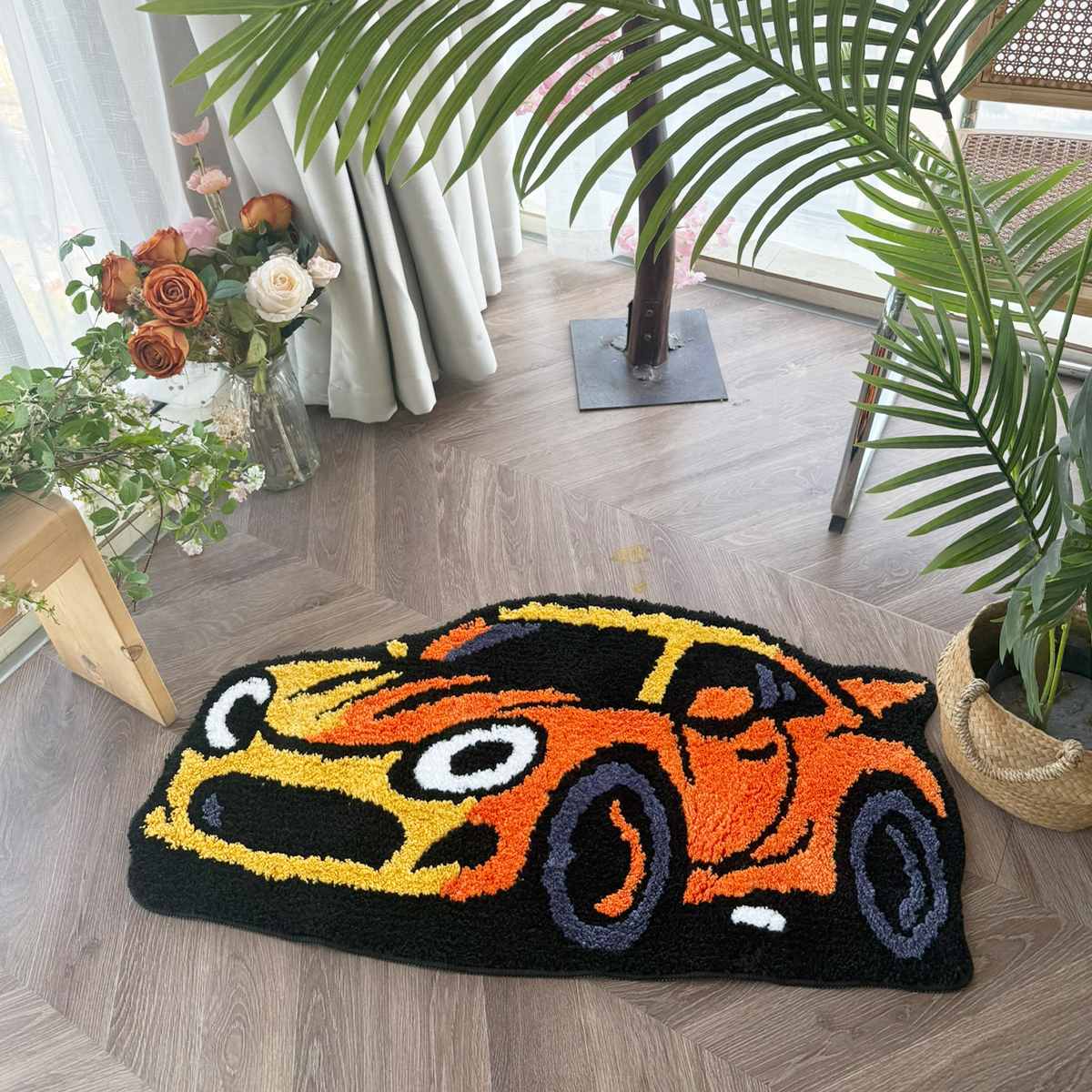Cartoon Sports Car Tufted Rug, Vibrant Orange & Yellow Gradient Plush Floor Mat, Anti-Slip Irregular Shaped Carpet for Car Enthusiasts, Gaming Room & Bedroom Decor