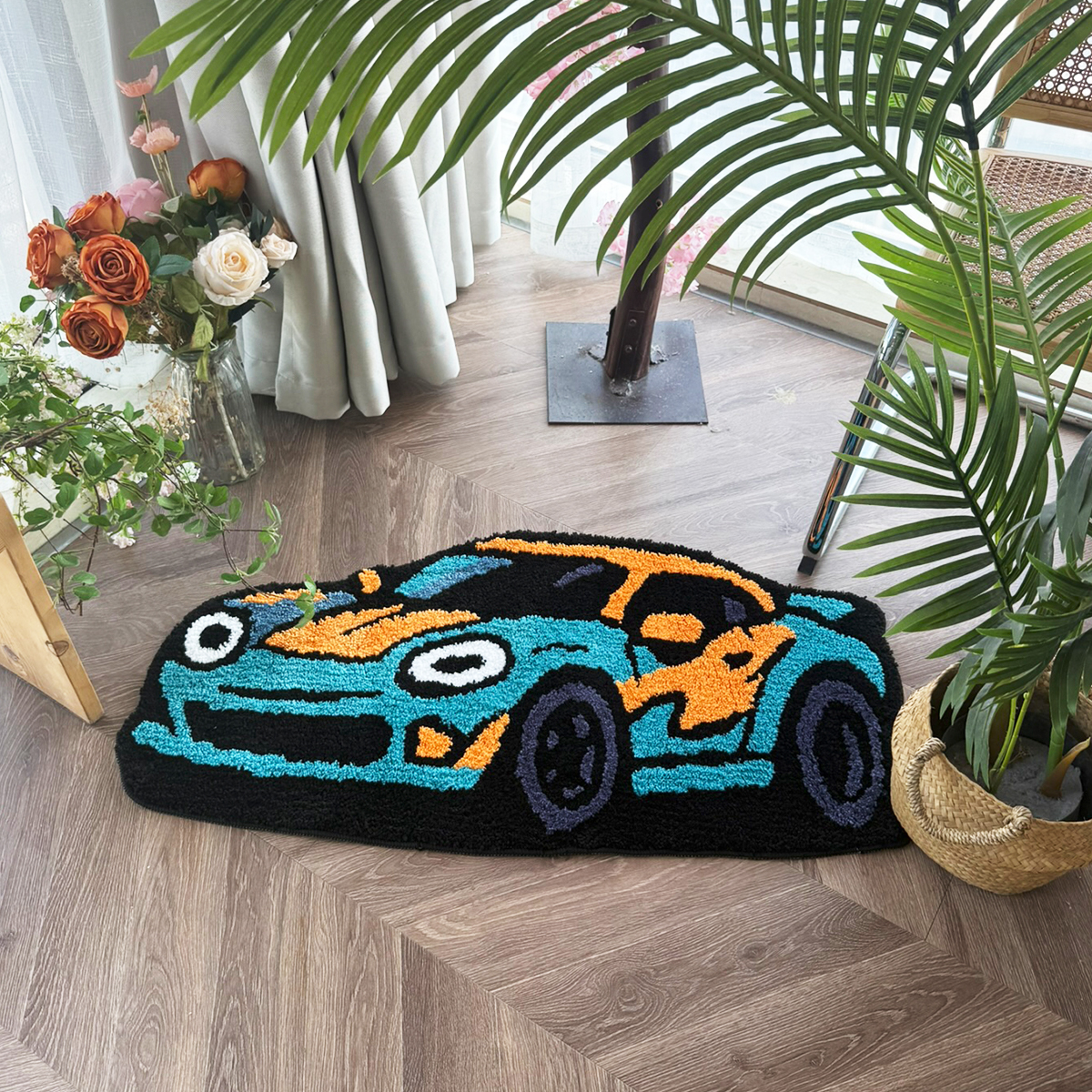 Cartoon Sports Car Tufted Rug, Vibrant Orange & Yellow Gradient Plush Floor Mat, Anti-Slip Irregular Shaped Carpet for Car Enthusiasts, Gaming Room & Bedroom Decor