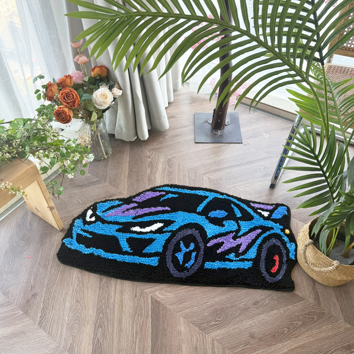 Cartoon Sports Car Tufted Rug, Vibrant Orange & Yellow Gradient Plush Floor Mat, Anti-Slip Irregular Shaped Carpet for Car Enthusiasts, Gaming Room & Bedroom Decor