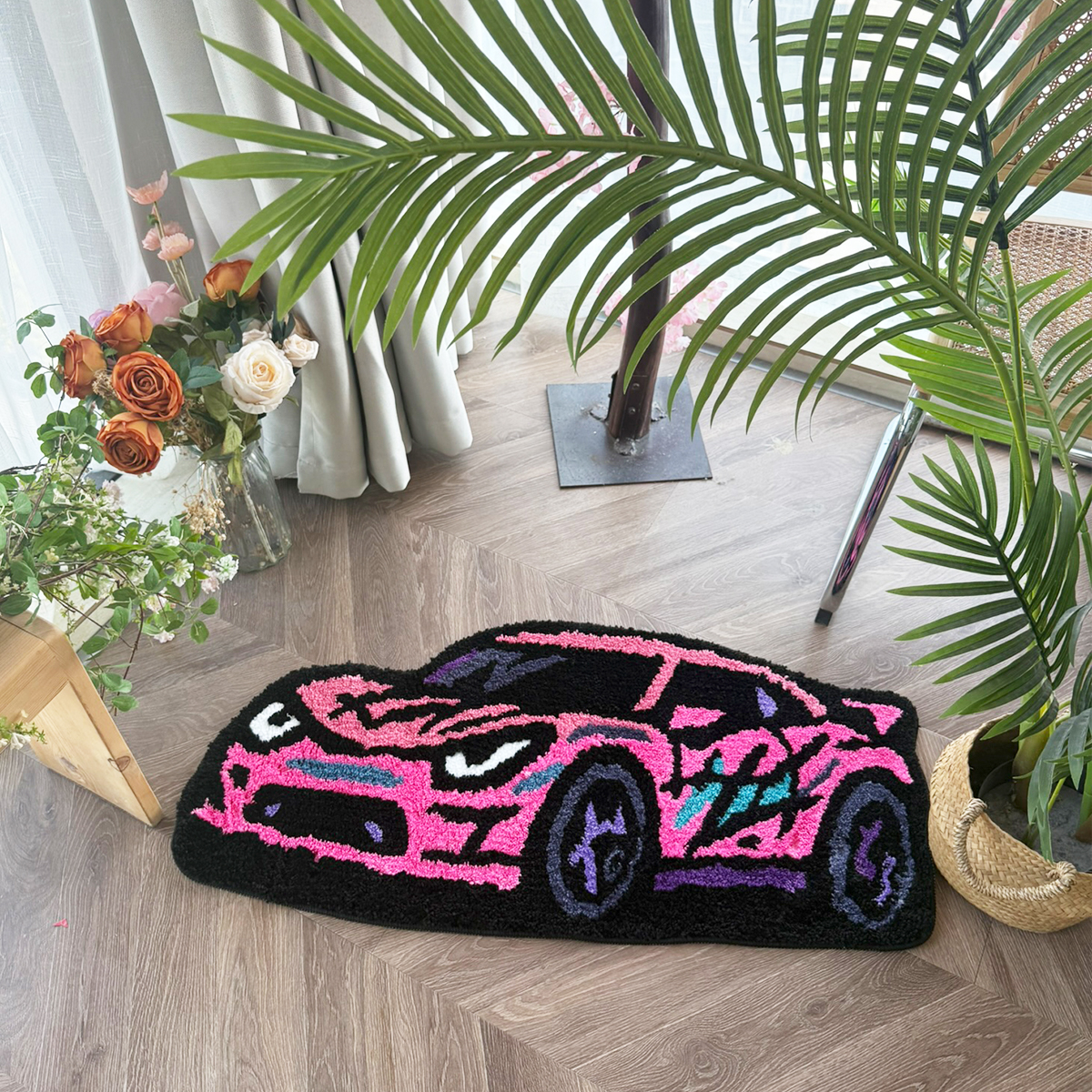 Cartoon Sports Car Tufted Rug, Vibrant Orange & Yellow Gradient Plush Floor Mat, Anti-Slip Irregular Shaped Carpet for Car Enthusiasts, Gaming Room & Bedroom Decor