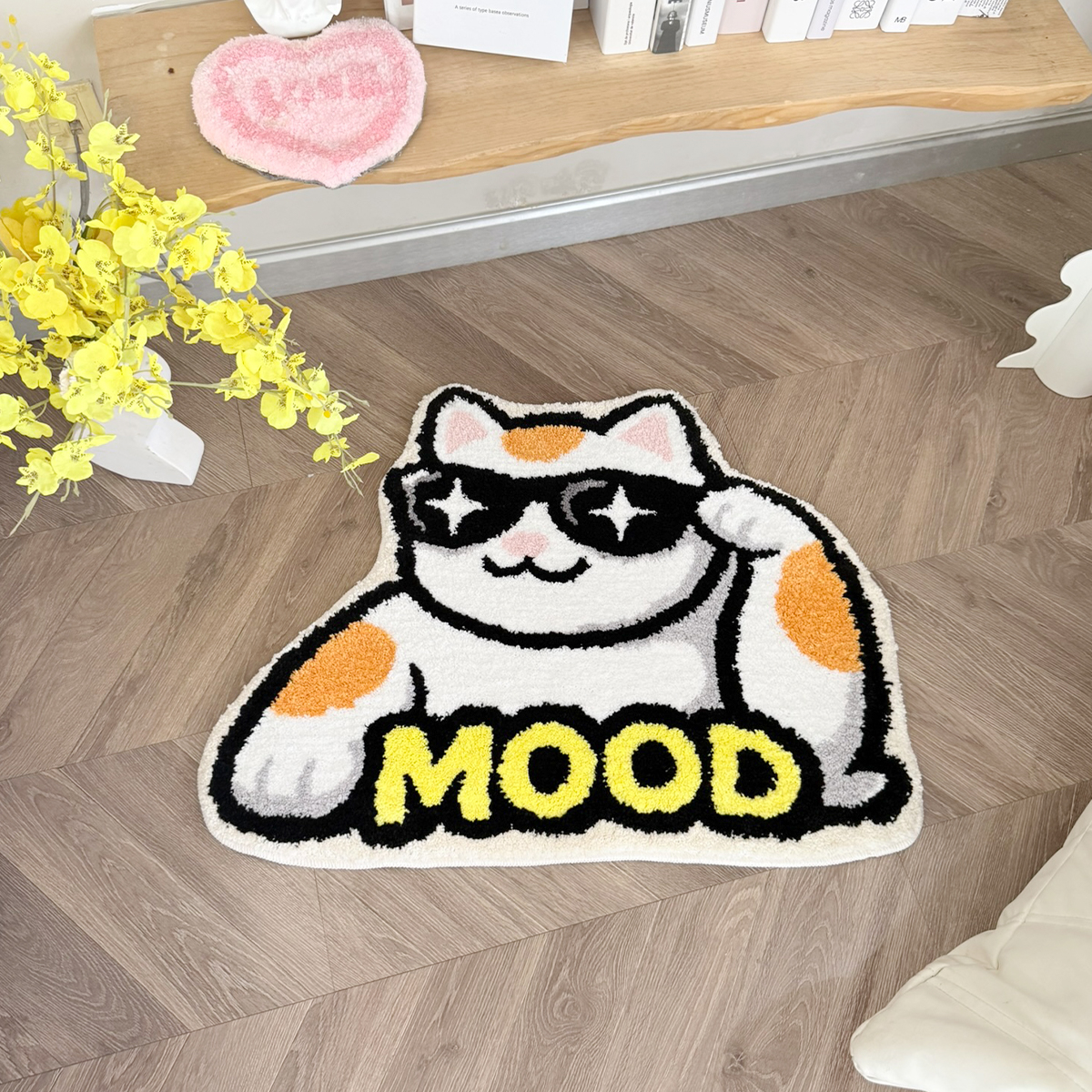 Cool Cat With Star Sunglasses Tufted Rug, Cute MOOD Letter Kitten Shaped Fluffy Floor Mat, Non Slip Absorbent Doormat for Bedroom Bathroom Home Decor