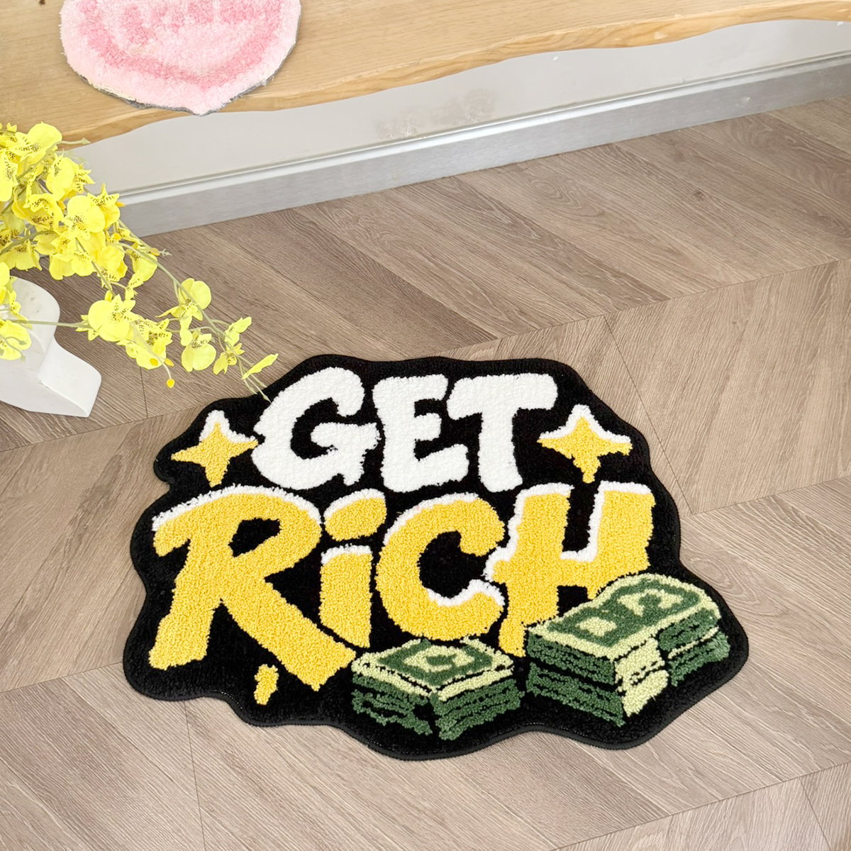 GET RICH Money Design Tufted Rug, Dollar Cash Stack Irregular Shaped Fluffy Floor Mat, Non Slip Absorbent Doormat for Bedroom Entryway Home Decor