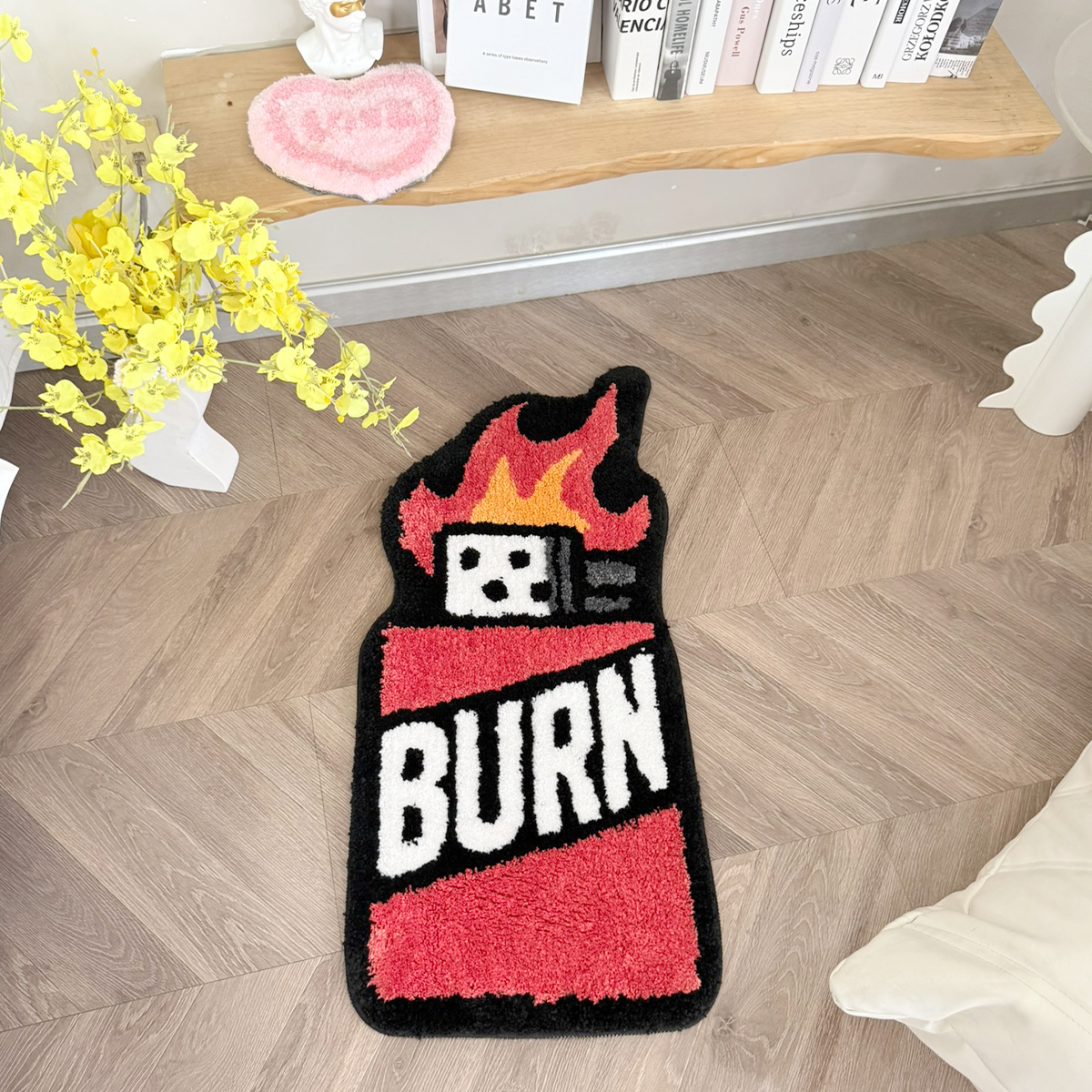BURN Lighter Shaped Tufted Rug, Retro Flame & Dice Irregular Fluffy Floor Mat, Non Slip Absorbent Doormat for Bedroom Entryway Home Decor