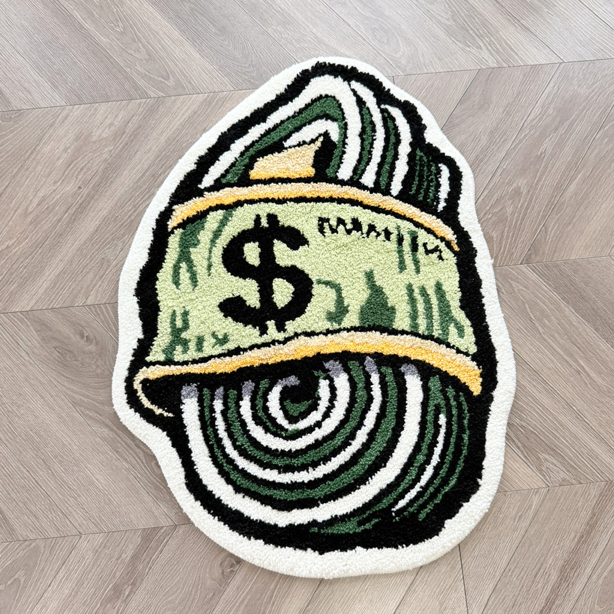 Rolled Dollar Bill Tufted Rug, Spiral Money Sign Irregular Shaped Fluffy Floor Mat, Non Slip Absorbent Doormat for Bedroom Entryway Home Decor