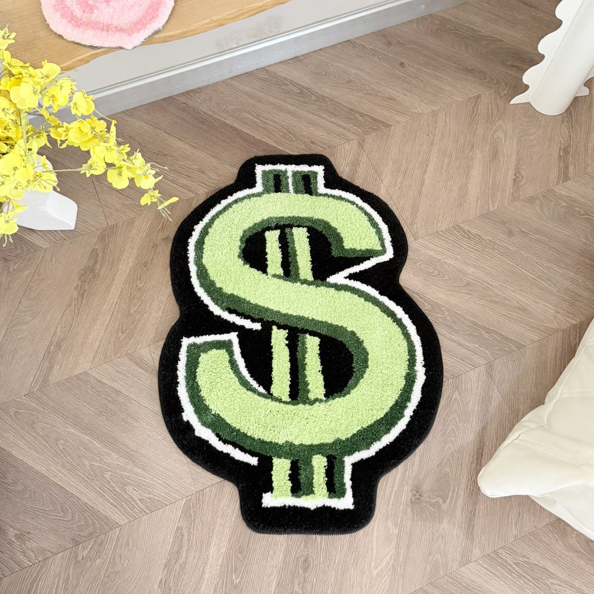 Dollar Sign Shaped Tufted Rug, Green Black Irregular Money Symbol Fluffy Floor Mat, Non Slip Absorbent Doormat for Bedroom Entryway Home Decor