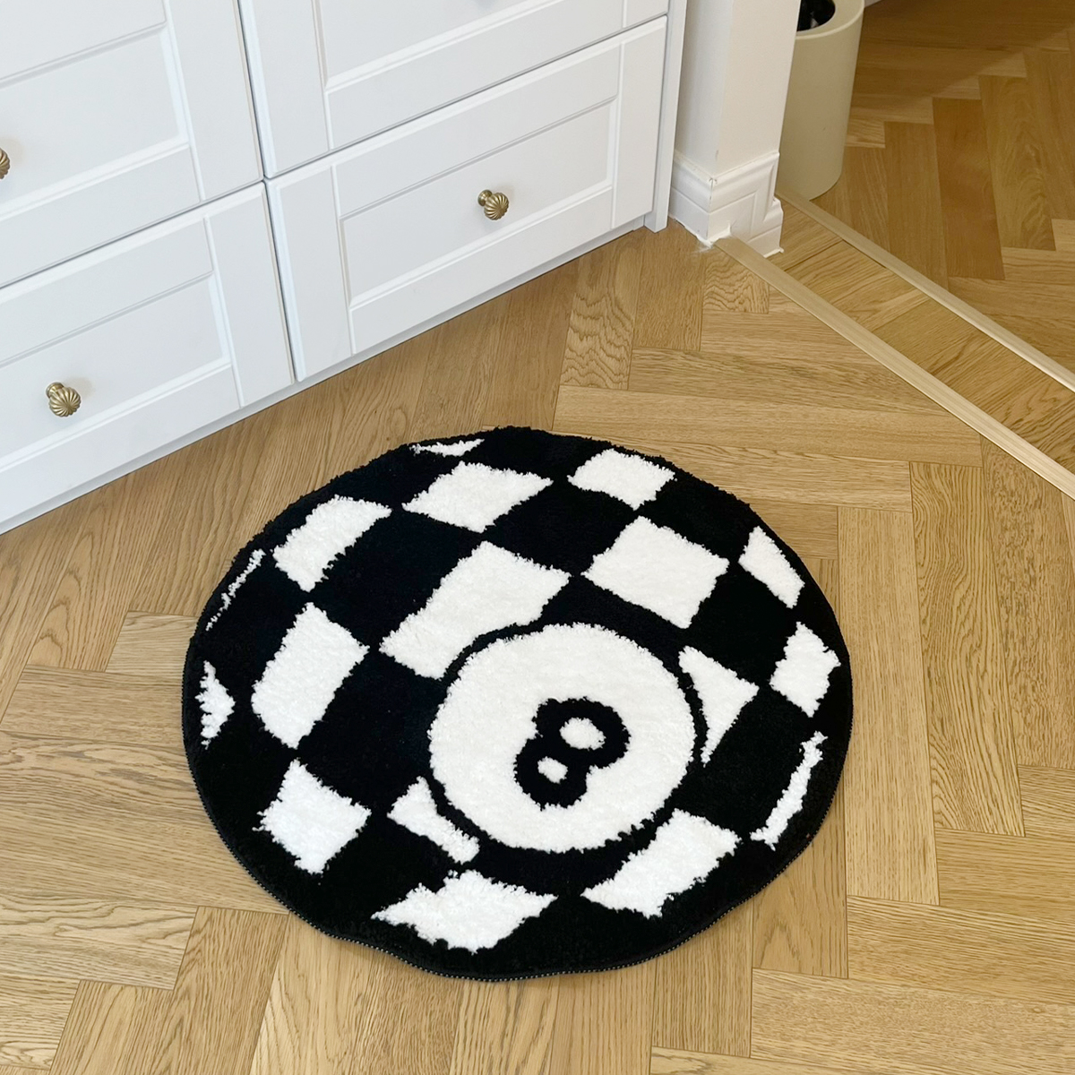 Circular Checkerboard Pattern Tufted Rug No.8 Billiards Mat Korean Style Soft Living Room Carpet Area Floor Pad Doormat Decor