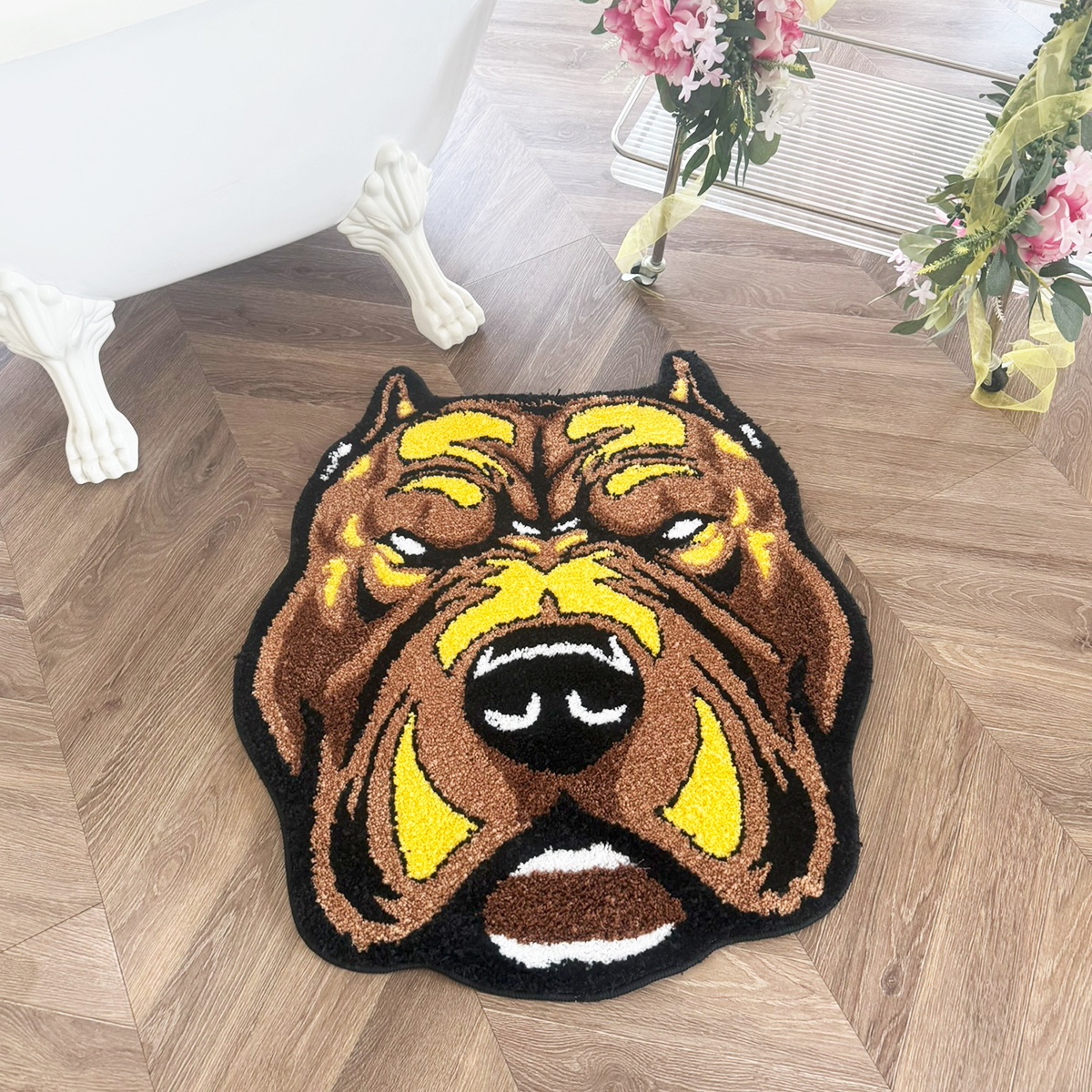 Vibrant Pitbull Head Tufted Rug - Soft Plush Anti-Slip Floor Mat for Pet Lovers, Bedroom & Living Room Decor, Unique Street Style Carpet