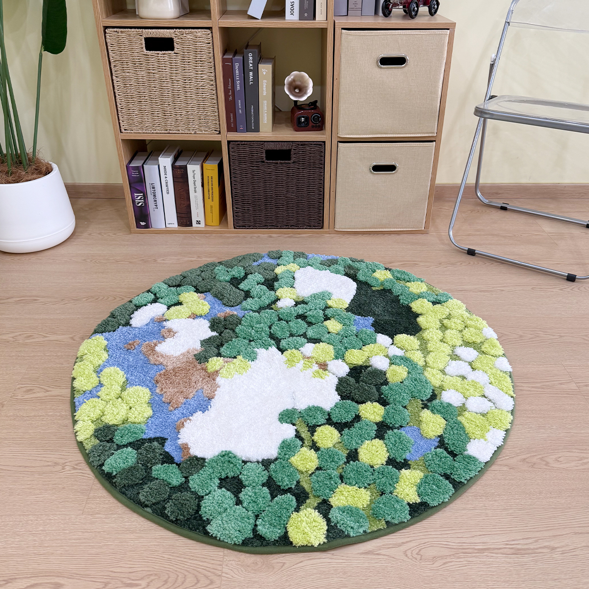 European Earth Moss 3D Flocking Rug Round Bedside Rug INS Entrance Anti-Slip Water-Absorbent Floor Mat for Bedroom & Home Decor