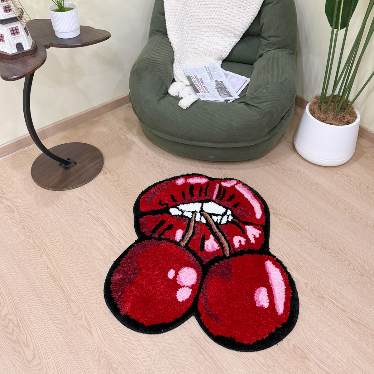 Cherry Red Lips Creative Pattern Rug Cloakroom Game room Housewarming Gift Handmade Non-Slip Unique Decorative Carpet Floor Pad