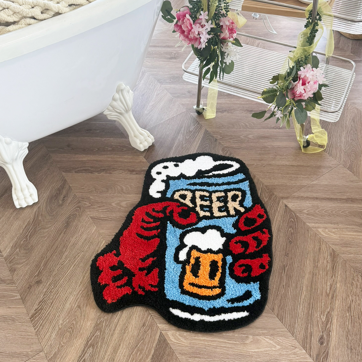 Retro Beer & Claws Tufted Rug - Funky Cartoon Style Anti-Slip Floor Mat for Home Bar & Living Room Decor.