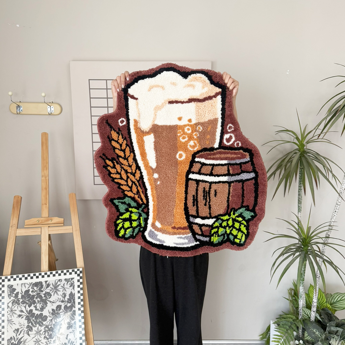 Beer Mug & Barrel Tufted Rug - Vibrant Retro Style Anti-Slip Floor Mat for Home Bar, Kitchen & Man Cave Decor.