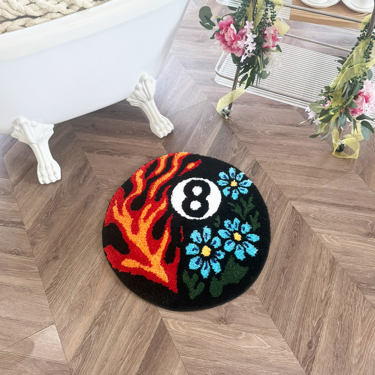 Vibrant 8 Ball Pattern Tufted Rug - Flame & Floral Design Plush Carpet, Perfect for Billiard Lovers & Trendy Spaces.