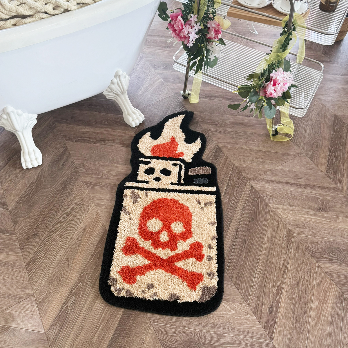 Retro Skull Lighter Tufted Rug - Grunge Aesthetic Plush Carpet, Perfect for Street Style Home & Man Cave.