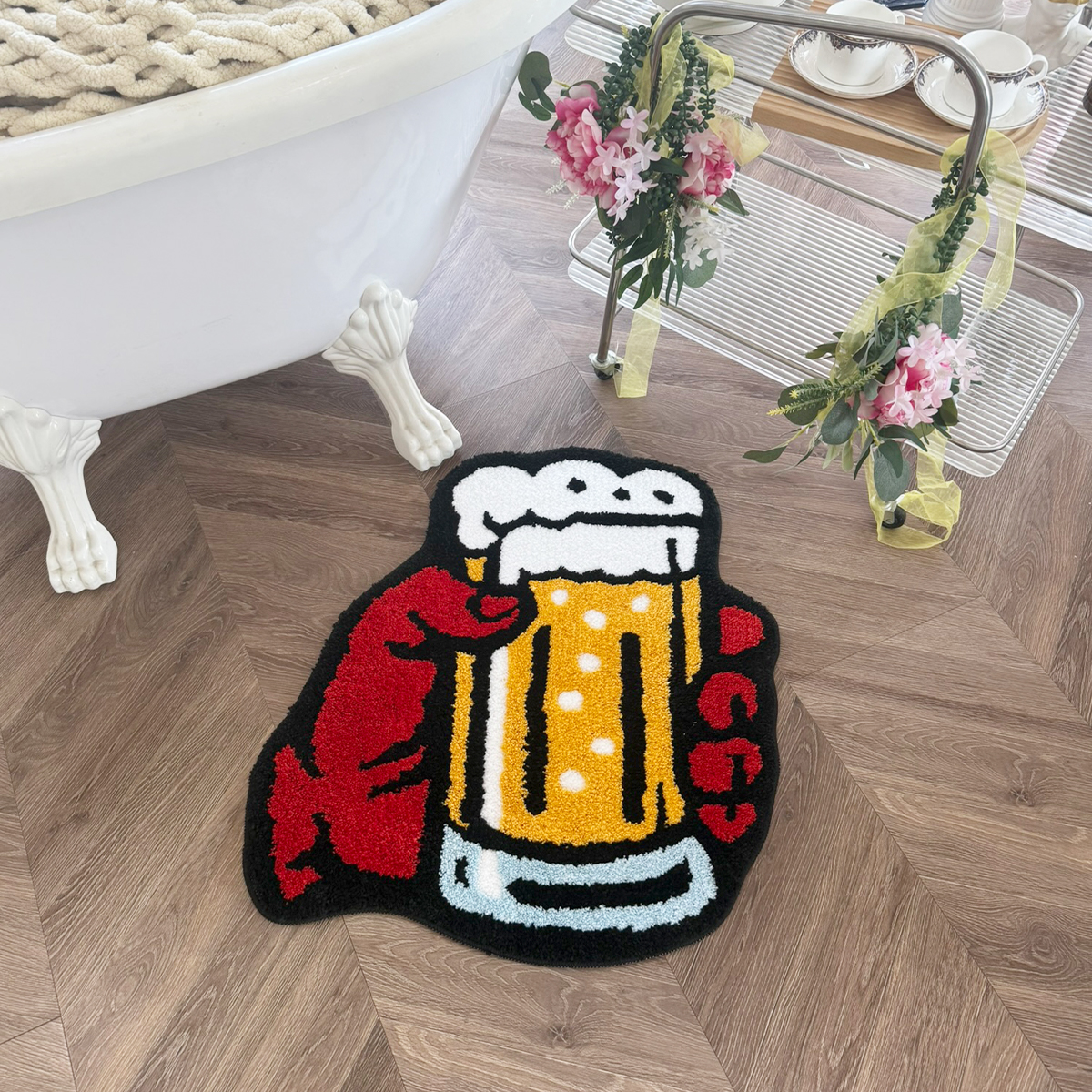 Beer Mug & Claw Tufted Rug - Vibrant Cartoon Style Anti-Slip Floor Mat for Home Bar & Kitchen Decor.