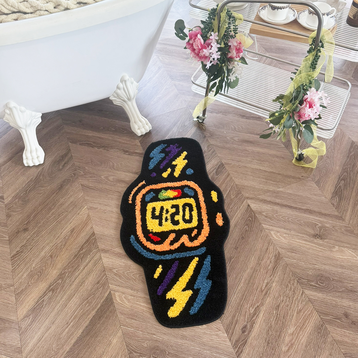 4:20 Graffiti Watch Tufted Rug - Colorful Lightning Pattern Anti-Slip Floor Mat for Street Style Home & Dorm.