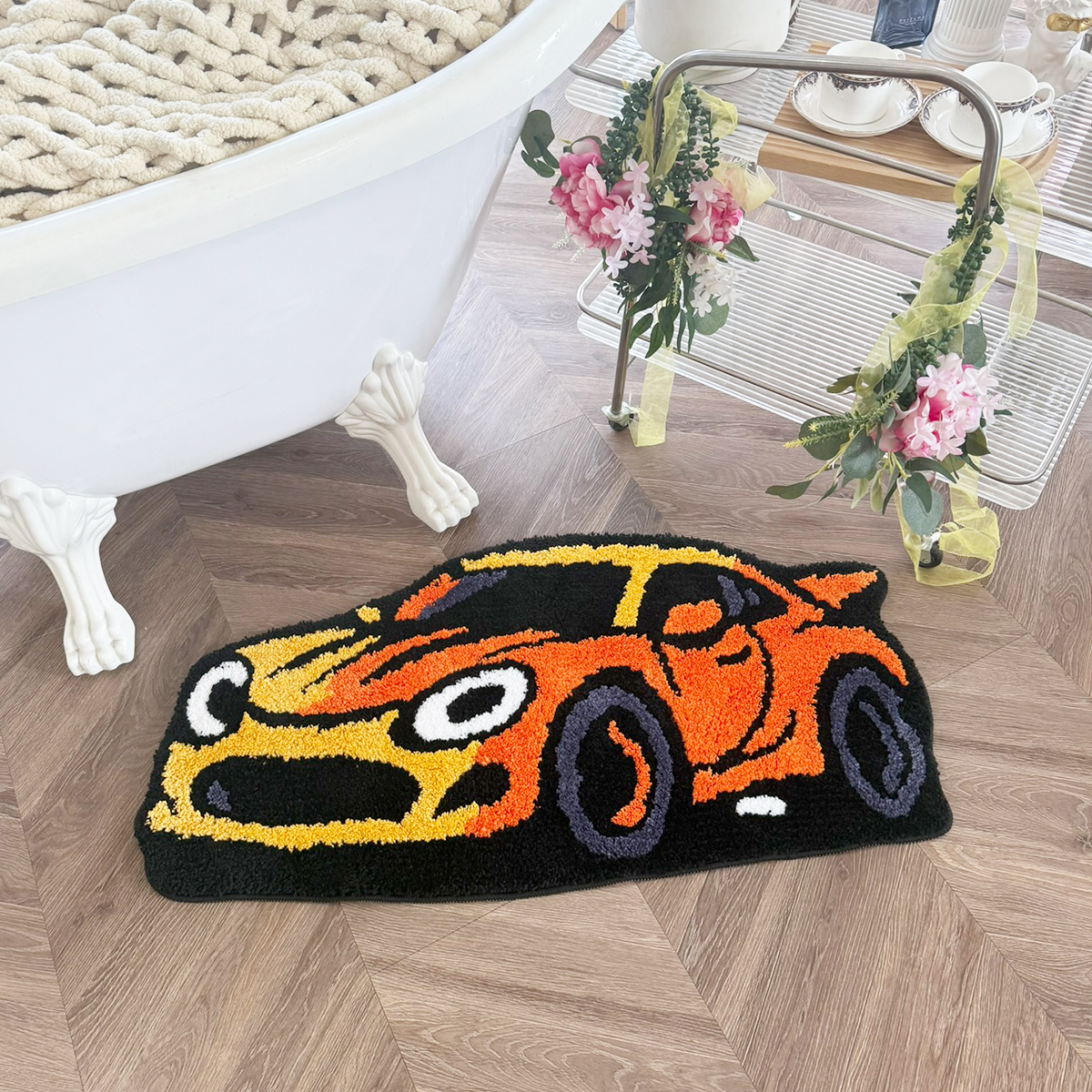 Cartoon Sports Car Tufted Rug, Vibrant Orange & Yellow Gradient Plush Floor Mat, Anti-Slip Irregular Shaped Carpet for Car Enthusiasts, Gaming Room & Bedroom Decor