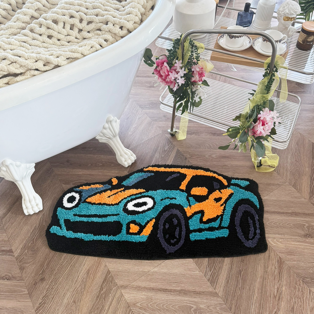Cartoon Sports Car Tufted Rug, Vibrant Orange & Yellow Gradient Plush Floor Mat, Anti-Slip Irregular Shaped Carpet for Car Enthusiasts, Gaming Room & Bedroom Decor