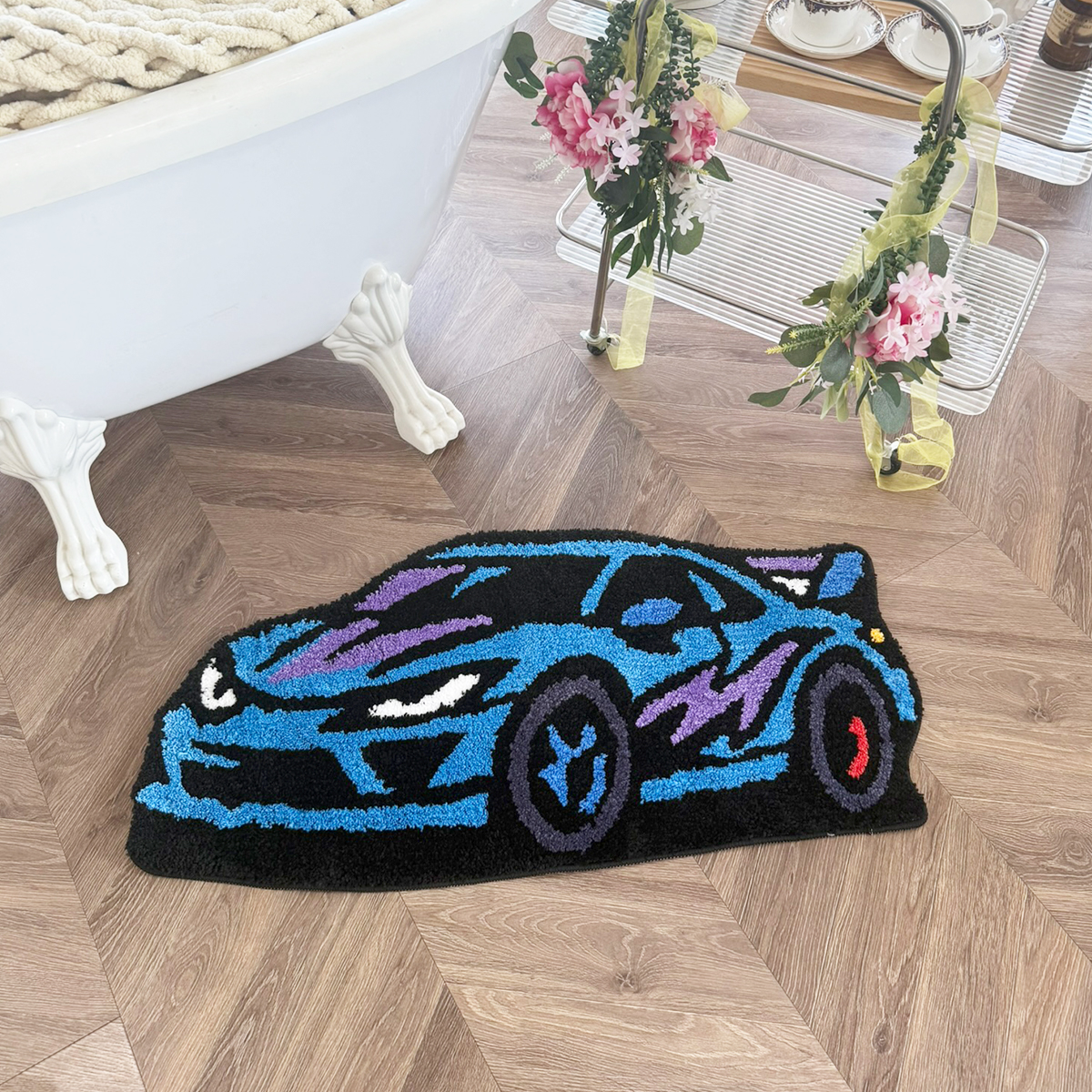 Cartoon Sports Car Tufted Rug, Vibrant Orange & Yellow Gradient Plush Floor Mat, Anti-Slip Irregular Shaped Carpet for Car Enthusiasts, Gaming Room & Bedroom Decor