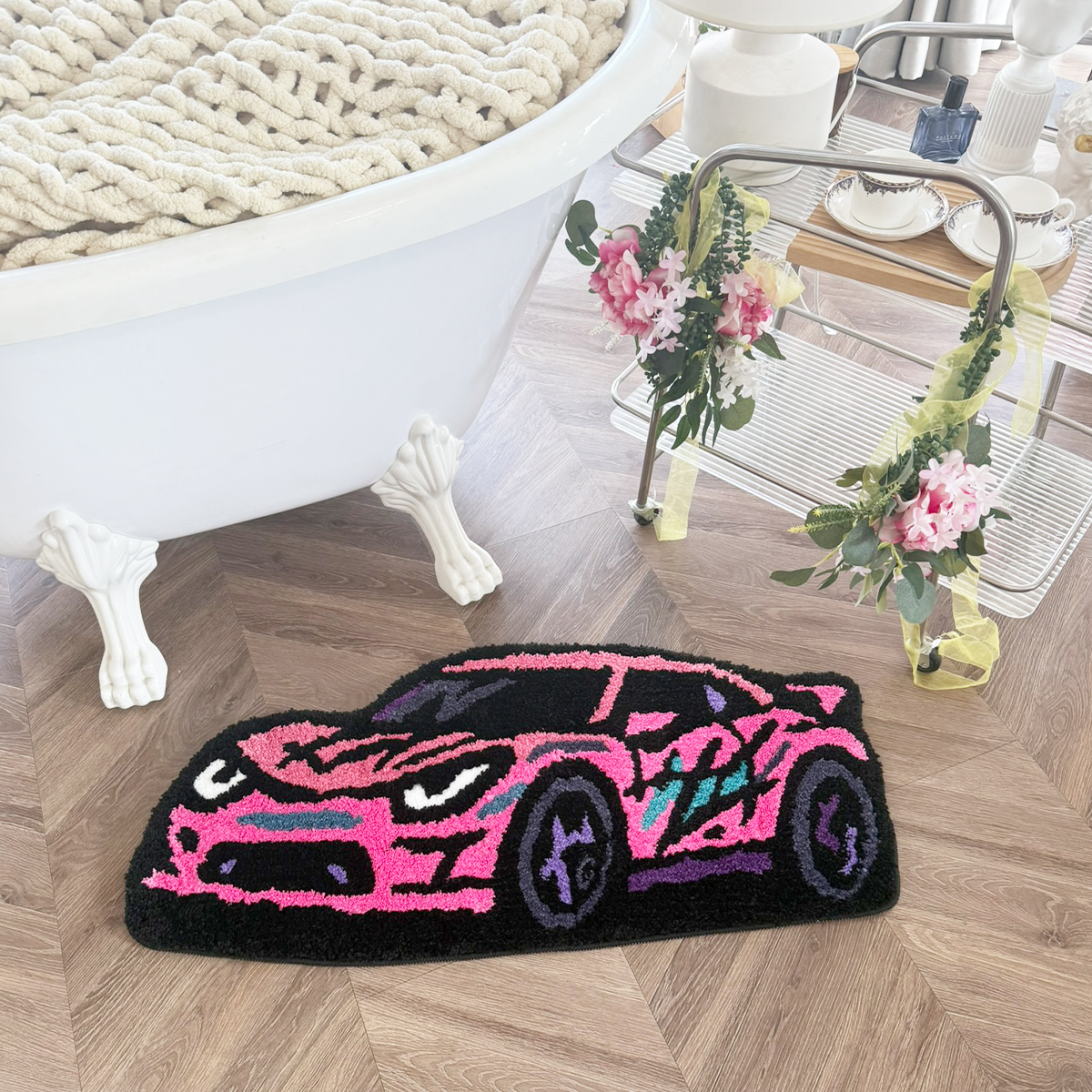 Cartoon Sports Car Tufted Rug, Vibrant Orange & Yellow Gradient Plush Floor Mat, Anti-Slip Irregular Shaped Carpet for Car Enthusiasts, Gaming Room & Bedroom Decor