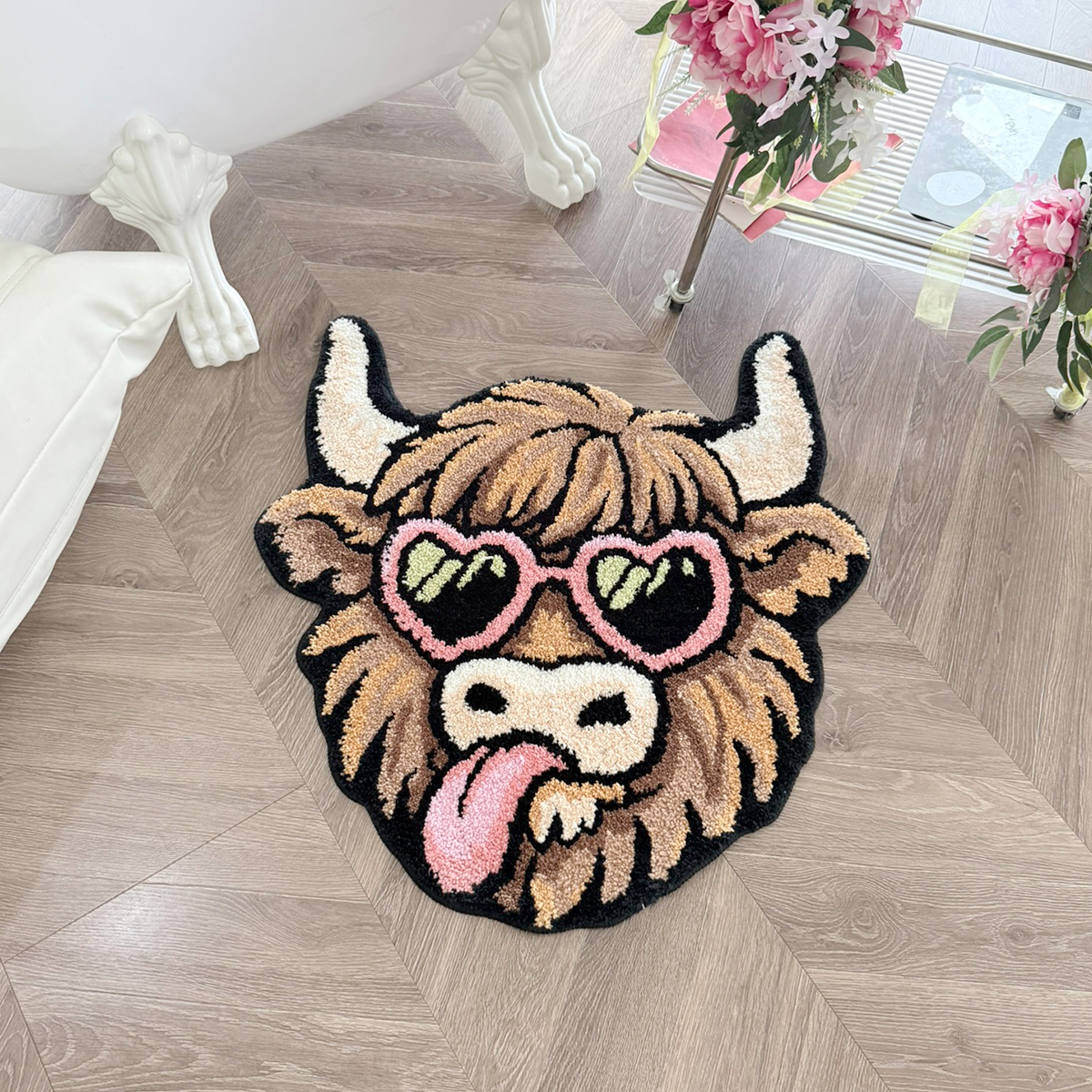 Highland Cow Tufted Rug With Heart Sunglasses, Cute Tongue Out Shaggy Animal Shaped Floor Mat, Non Slip Absorbent Bathroom Rug For Bedroom Home Decor