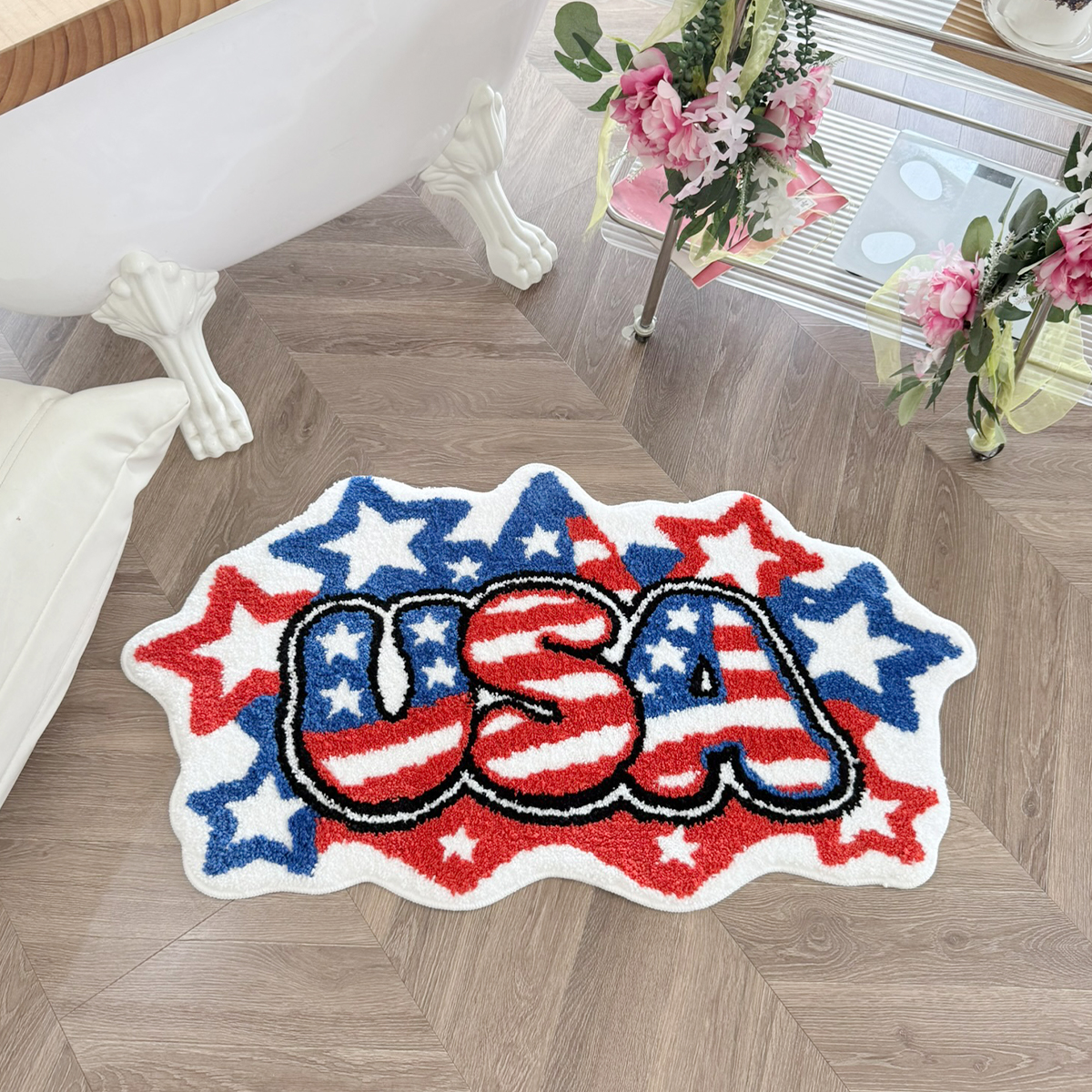 USA Letter American Flag Tufted Rug, Retro Stars Stripes Irregular Shaped Fluffy Floor Mat, Non Slip Absorbent Doormat for Bedroom Bathroom Home Decor