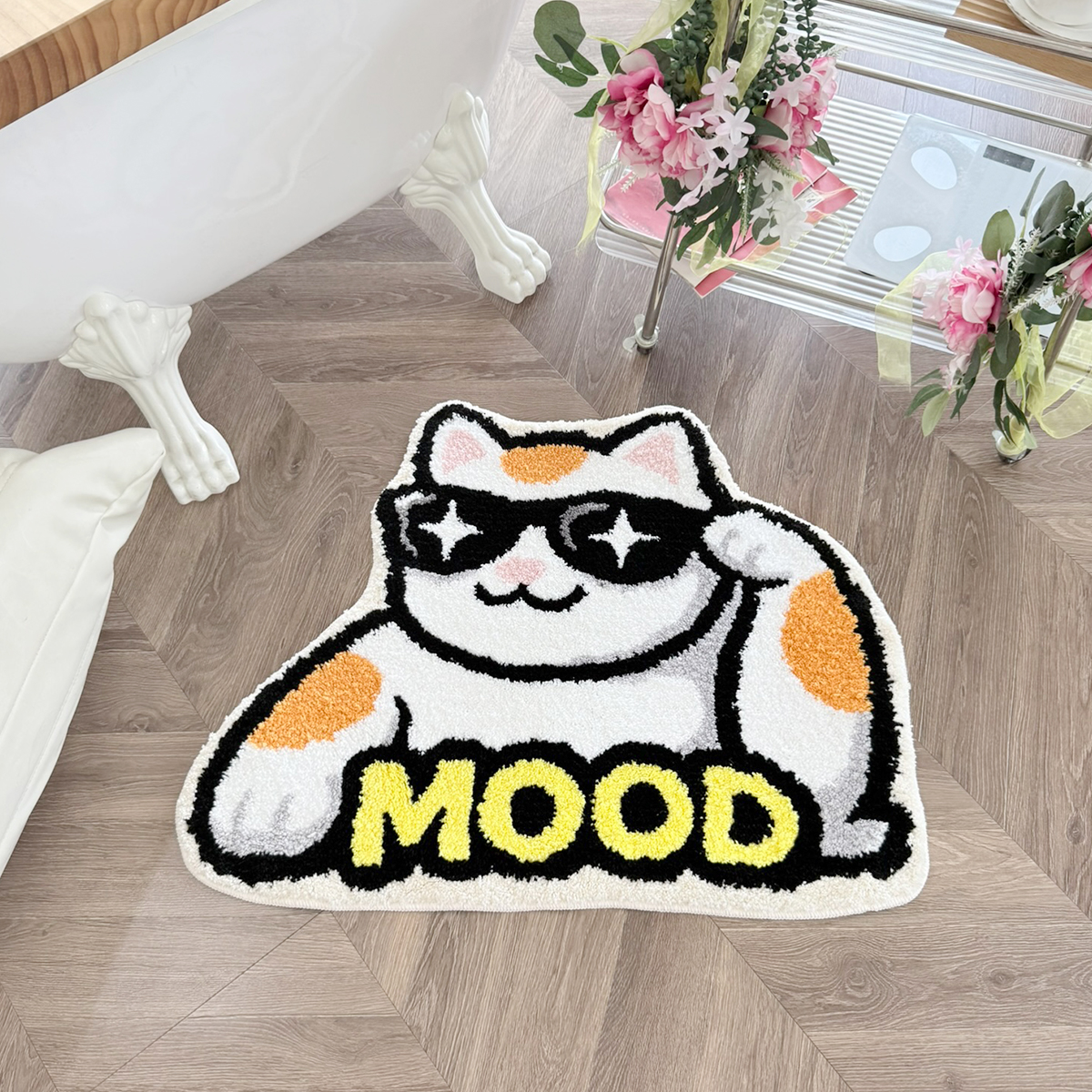 Cool Cat With Star Sunglasses Tufted Rug, Cute MOOD Letter Kitten Shaped Fluffy Floor Mat, Non Slip Absorbent Doormat for Bedroom Bathroom Home Decor